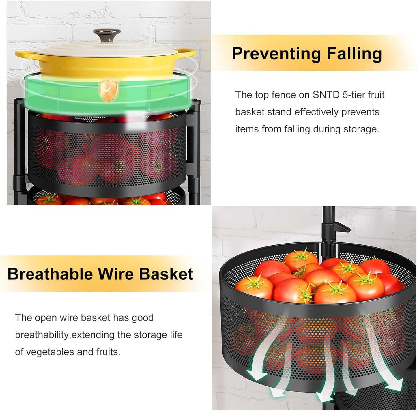 SNTD Fruit and Vegetable Basket Bowls for Kitchen with Metal Top Lid, 5 Tier Rotating Storage Rack Cart for Potato Onion Bread Banana, Wire Basket Organizer on Wheels, Large, Black