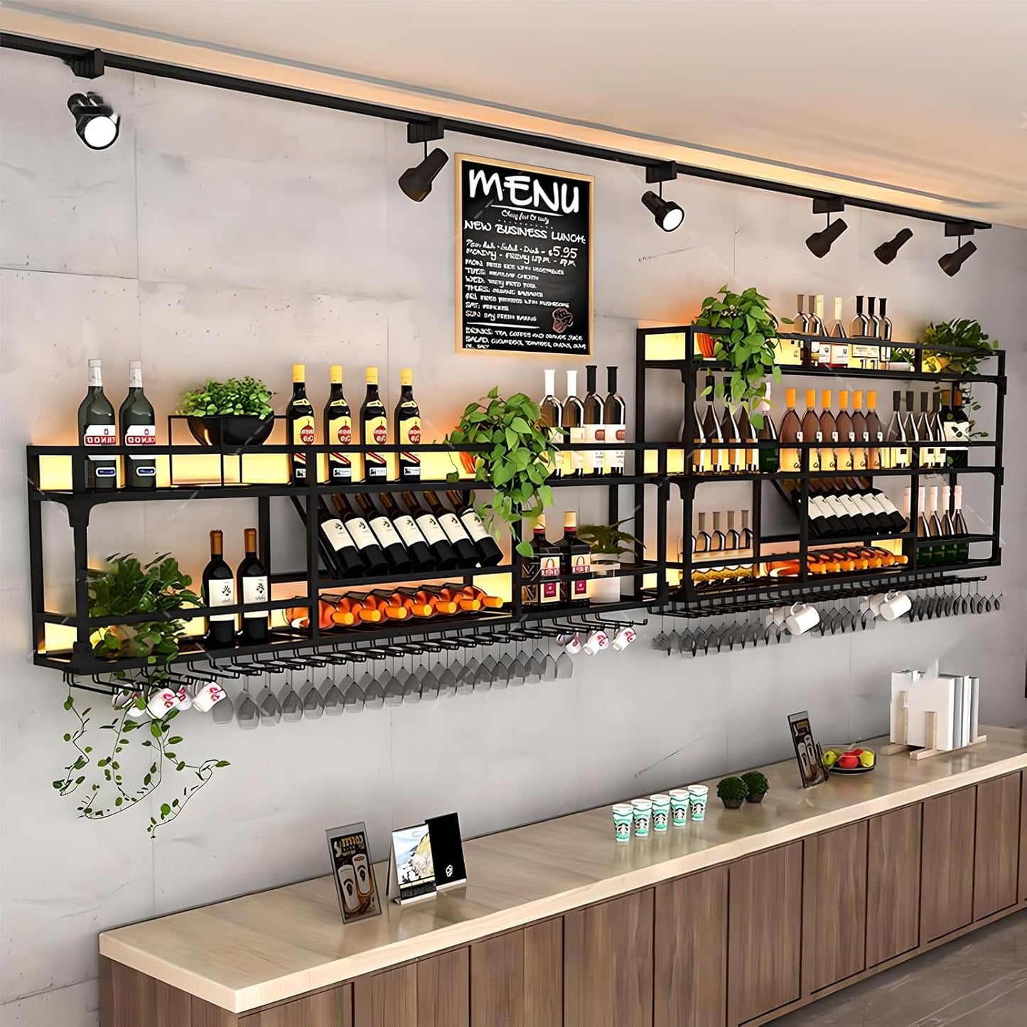 Metal Wall-Mounted Wine Rack with LED Light - 3 Tier Wine Storage Display Rack with Glass Holder - Space-Saving Bottle Display Shelf for Home Bars, Dining Rooms(Black, 79in/200cm)