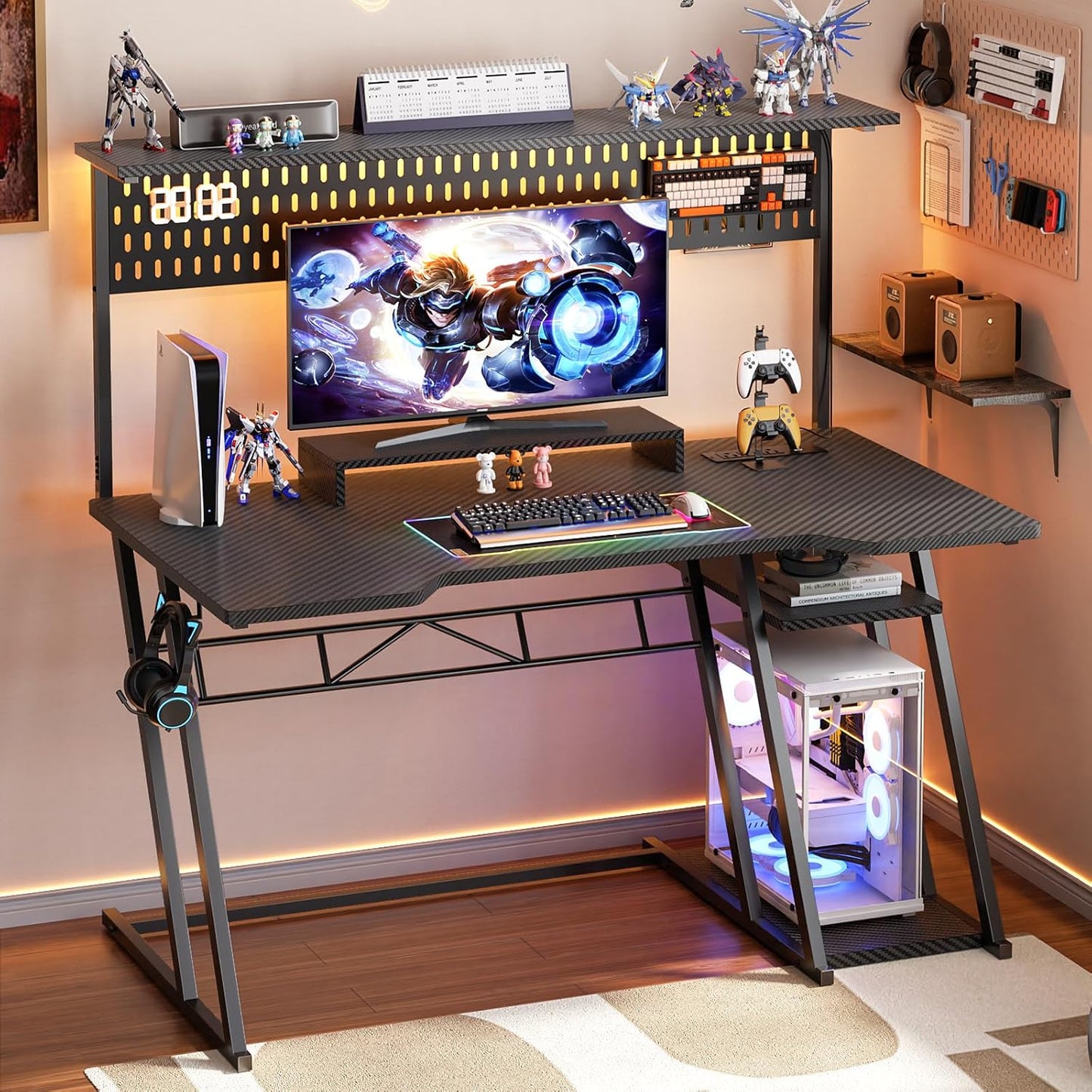 Gaming Computer Desk with Shelves and Outlets, Gaming Desk with Hutch and LED Lights, Reversible PC Gaming Desks with Pegboard, Carbon Fiber Black 47''