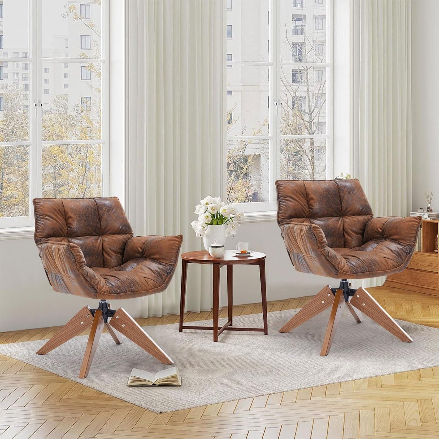 Mid Century Accent Chair, Hot Stamping Cloth Desk Chair no Wheel, Modern Cozy Vanity Chair Advanced & Wear-Resistant with Amrest, Wood Legs for Living Room, Reading Room, Bedroom, Brown