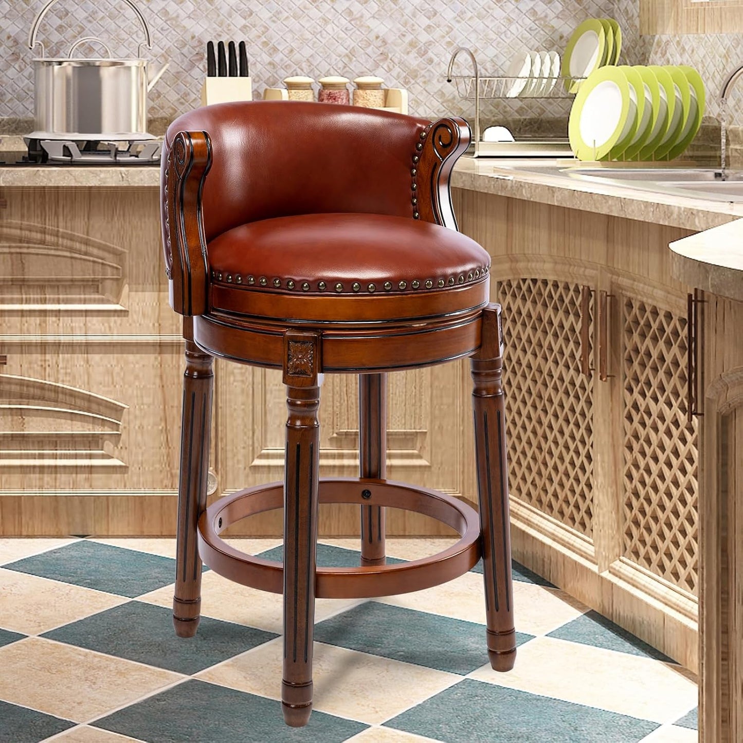 CozyRain Bar Stools Rubber Wood Counter Height Bar Stool Leather Upholstered Swivel Barstools with Back & Footrest for Home,Kitchen,Counter,Dining Room (Brown, Seat Height 26 in)