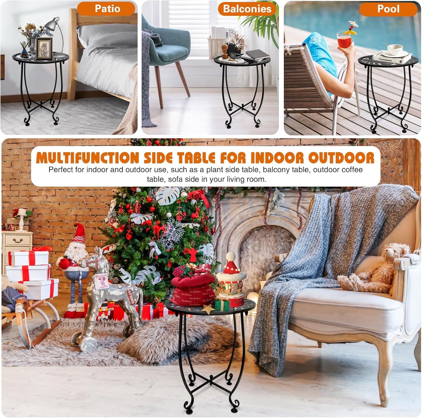 Outdoor Side Table for Small Spaces, Versatile 14 Inch Round Metal End Table for Patio Balcony Yard Porch Garden Bedside, Anti-Rust and Waterproof Accent Table for Indoor Outdoor Use, Easy Assembly