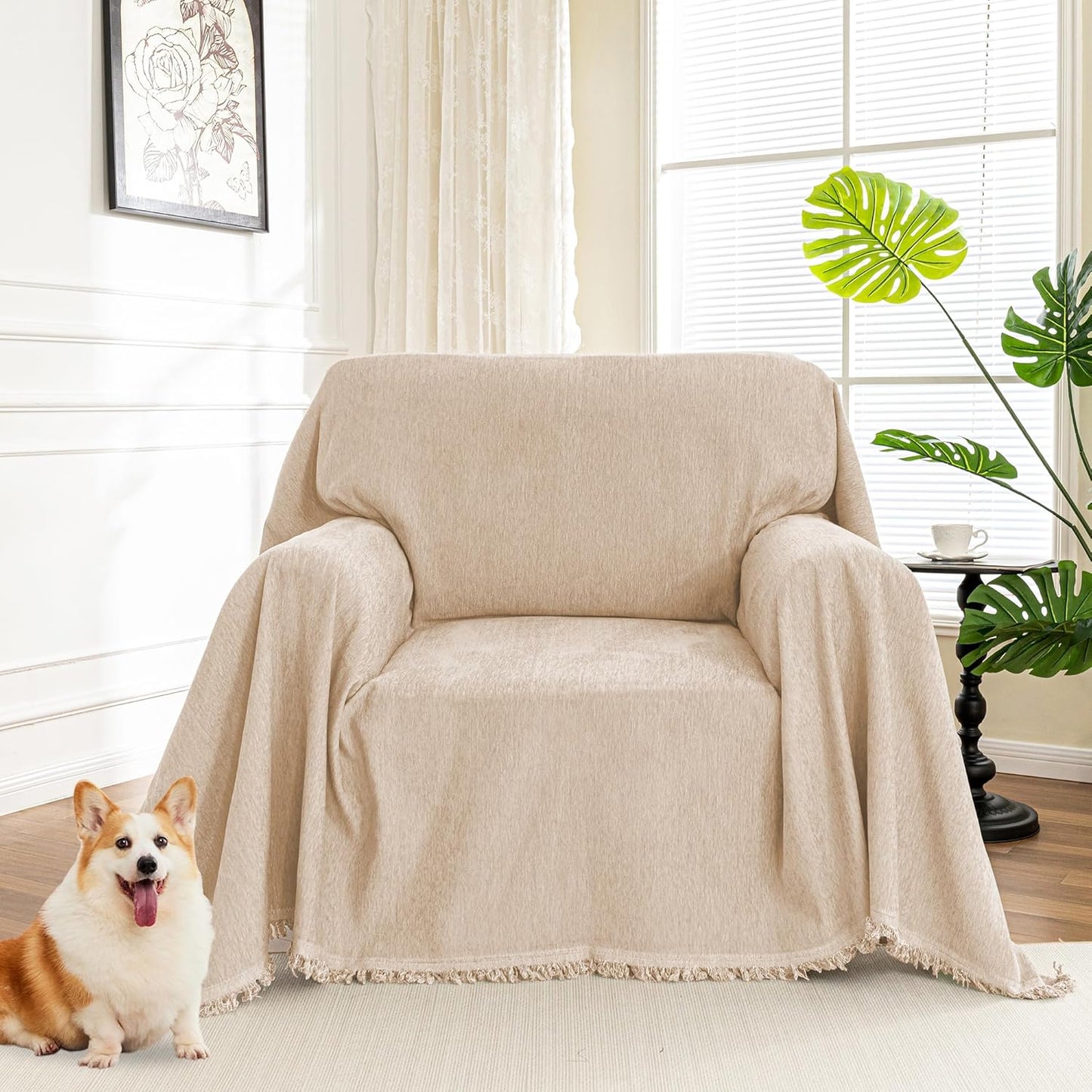 MYSKY HOME Oversized Armchair Couch Cover for 1 Cushion Couch, Chair Couch Covers with Tassel, Washable Sofa Protector, Sofa Covers Sofa Throws Sofa Slipcovers Futon Cover for Pet, Kid, 71"X91", Khaki