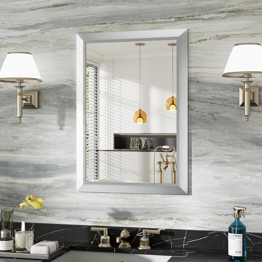 22x30 Inch Silver Bathroom Mirror for Wall, Thick Metal Framed Rectangle Mirrors for Over Sink, Bedroom, Living Room, Entryway, Anti-Rust, HD Tempered Glass