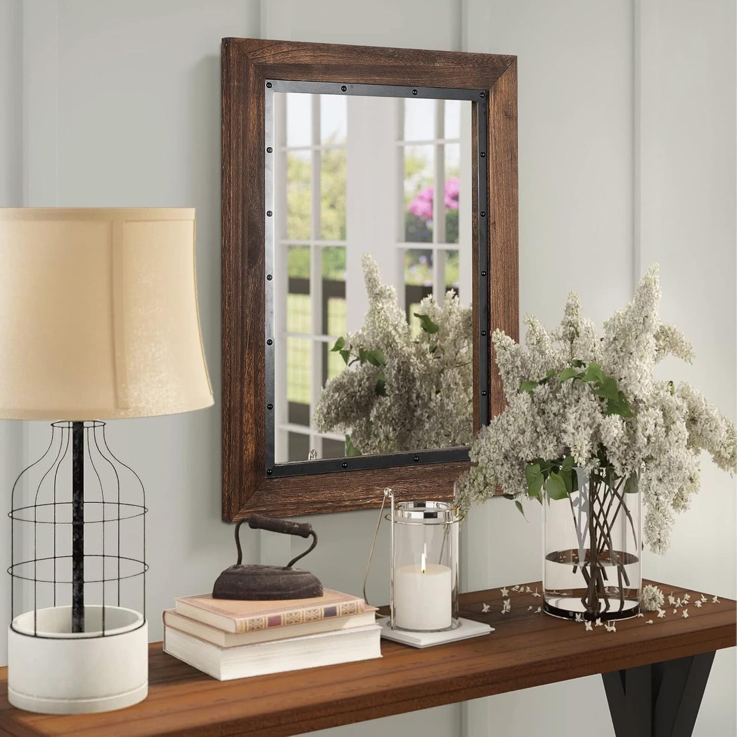 YOSHOOT Rustic Wooden Framed Wall Mirror, 26"x18", Natural Wood and Iron Bathroom Vanity Mirror for Farmhouse Decor, Vertical or Horizontal Hanging