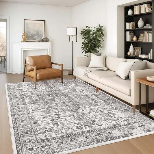 zesthome 6x9 Area Rug, Super Soft Washable Rugs for Living Room, Non-Slip Stain Resistant Vintage Rugs, Ultra-Thin Large Area Rugs (Grey/White,6'x9')