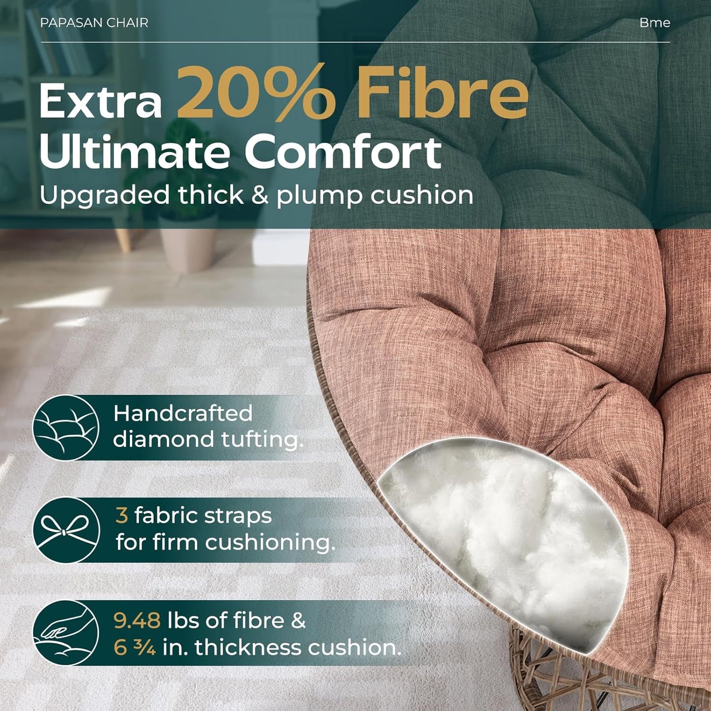 Bme 40" Ergonomic Wicker Papasan Chair with Soft Thick Density Fabric Cushion, High Capacity Steel Frame, 360 Degree Swivel for Living, Bedroom, Reading Room, Lounge, Cinnamon Mocha - Brown Base