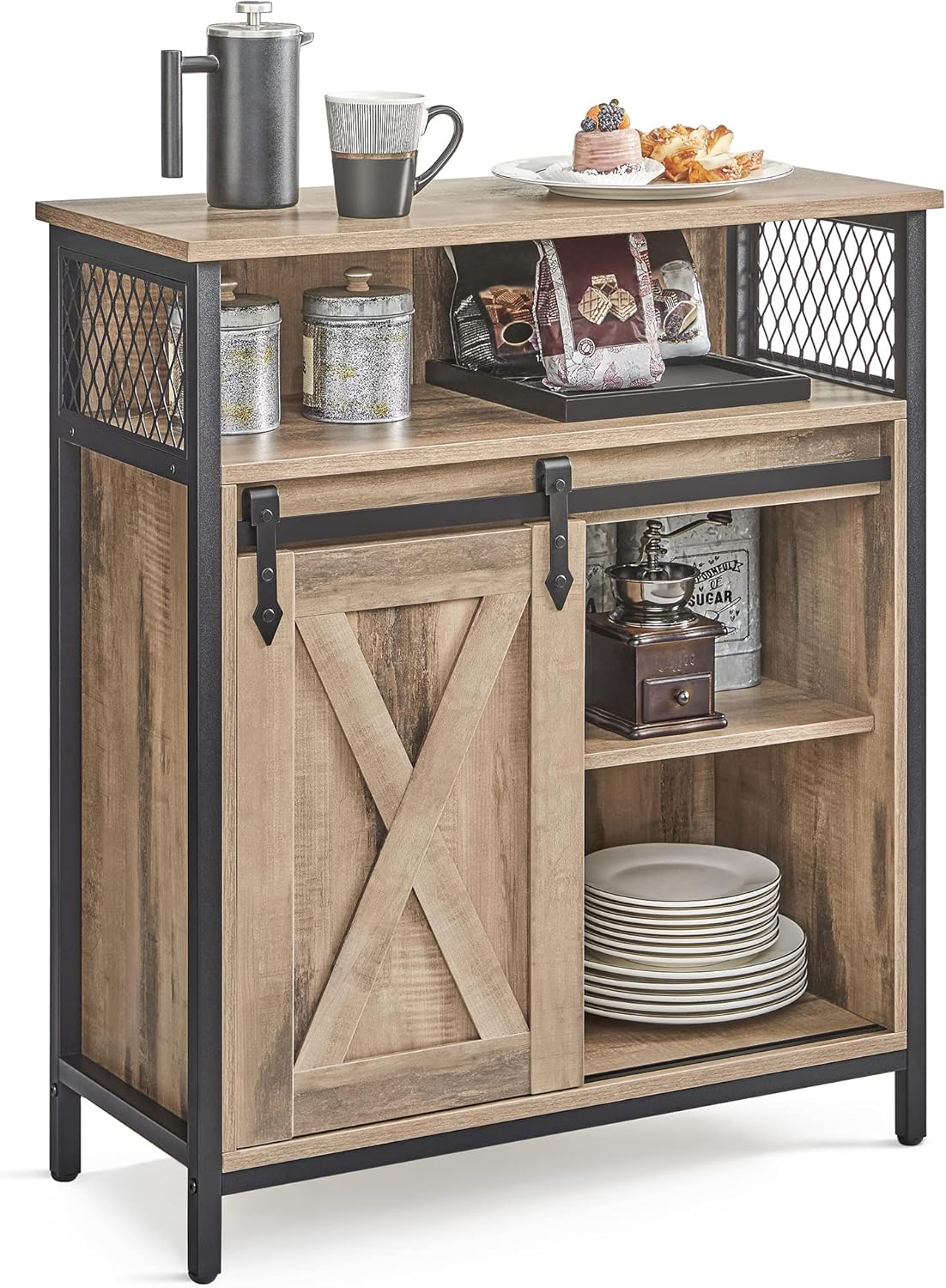 VASAGLE Buffet Cabinet, Coffee Bar Storage Cabinet, Sideboard with 1 Sliding Barn Door, Adjustable Shelves, 11.8 x 27.6 x 31.5 Inches, for Living Room, Camel Brown and Ink Black ULSC089B50