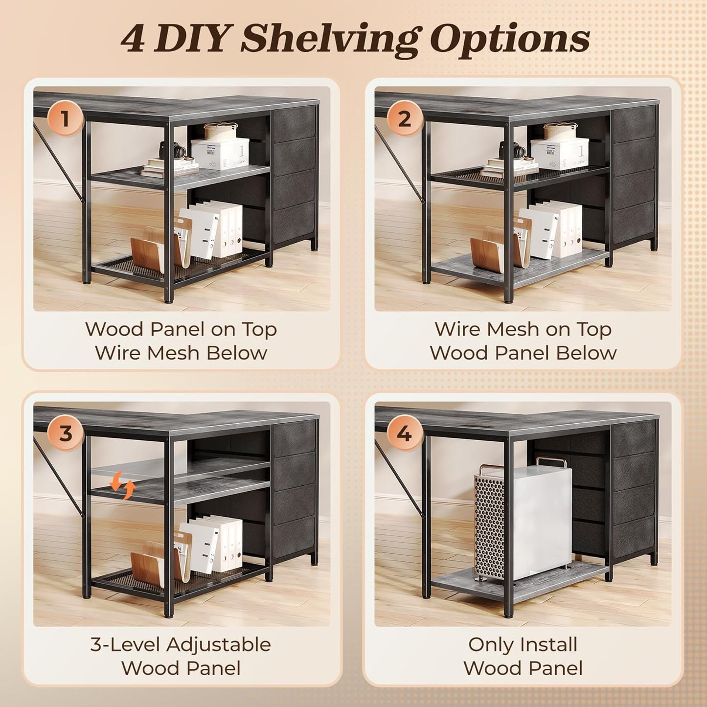 PRAISUN 43.3" Small Computer Desk with Power Outlets and USB-C Port, Reversible L Shaped Corner Office Desk with 4 Fabric Drawers and 2 Height-Adjustable Shelves, for Gaming Writing, Grey