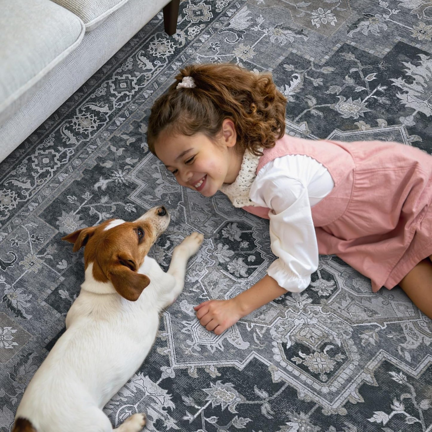 GENIMO 2'6''x14 Runner Rugs for Hallway, Machine Washable Non Slip Vintage Rugs, Low Pile Lightweight Soft Print Rug for enrtyway, Corridor, Home Office, Kitchen,Dark Gray