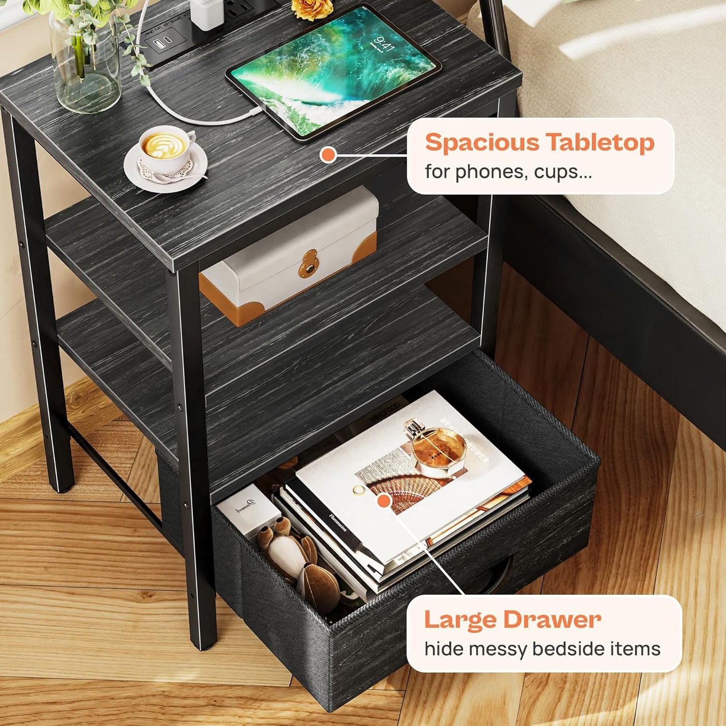 SUPERJARE Nightstand with Charging Station, Bed Side Table with Adjustable Fabric Drawer, Night Stand for Bedroom, 3-Tier Storage End Table, for Living Room, Charcoal Black Wood Grain Print