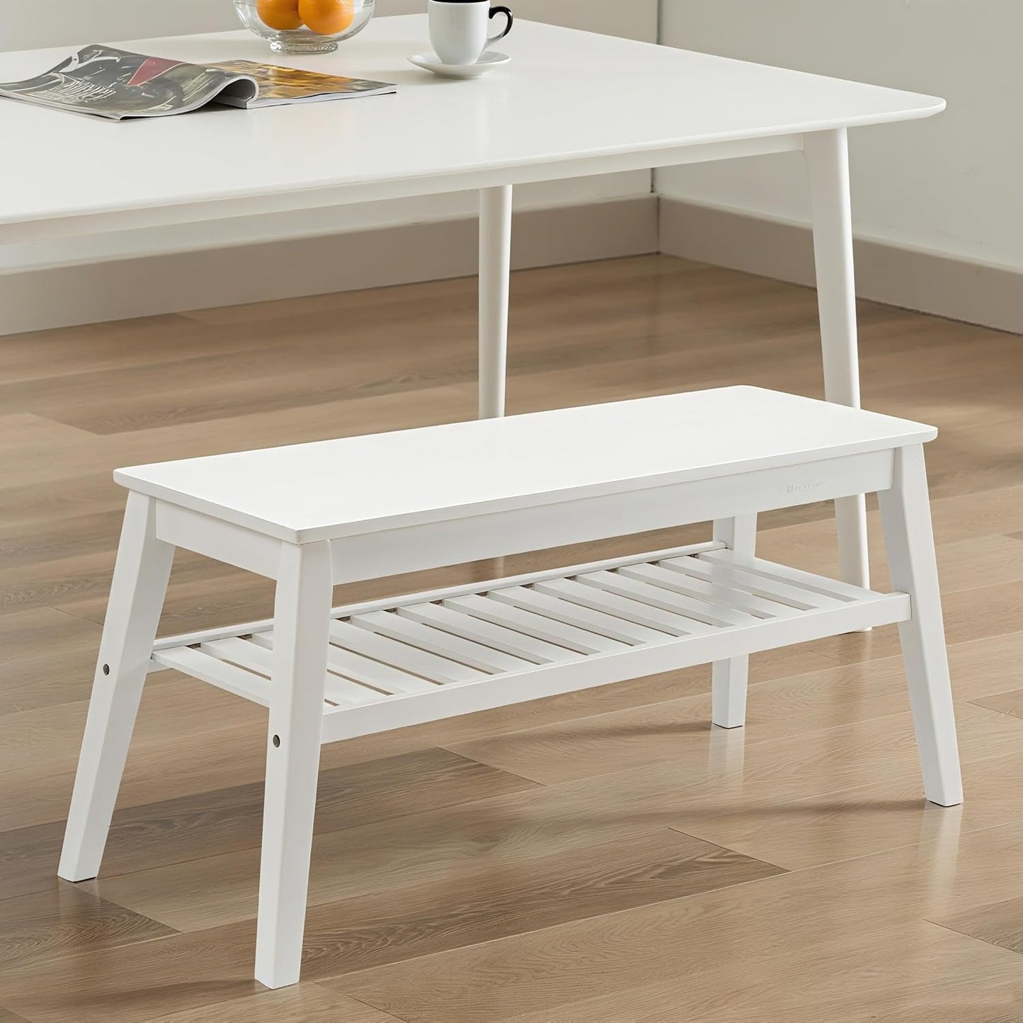 Nnewvante 33.46" Bamboo Dining Bench, 2 Tier Indoor White Storage Bench for Entryway, Outdoor Wooden Bench, Small Wood Benches for Front Porch, Living Room, Bedroom, Holds up to 300 lbs