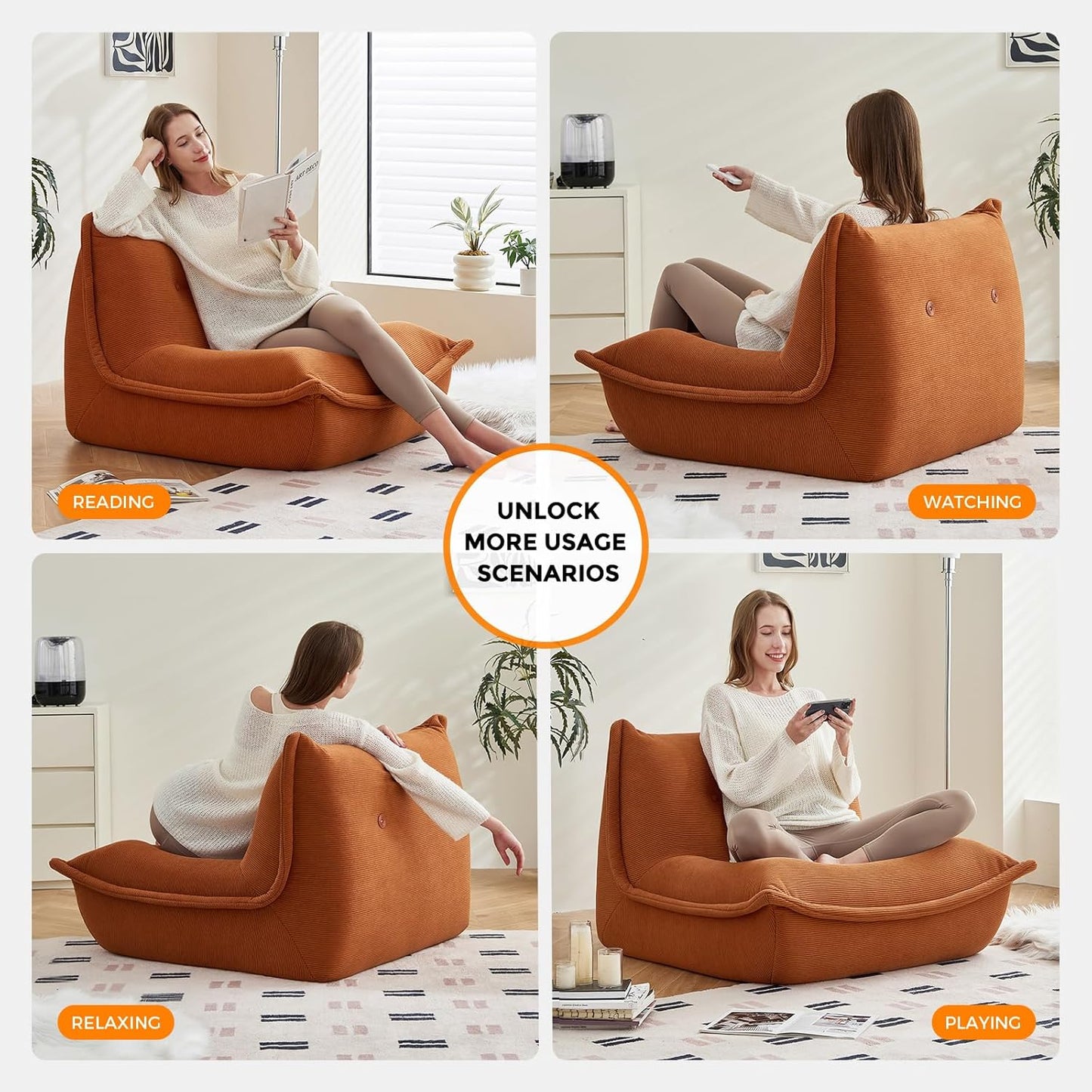 Bean Bag Chairs for Adults Giant BeanBag Chair Sofa Memory Foam Bean Bag Chair Couch with Ergonomic Design for Adults and Kids Home Living Room Bedroom Office Home Gaming Salon(Caramel Color)