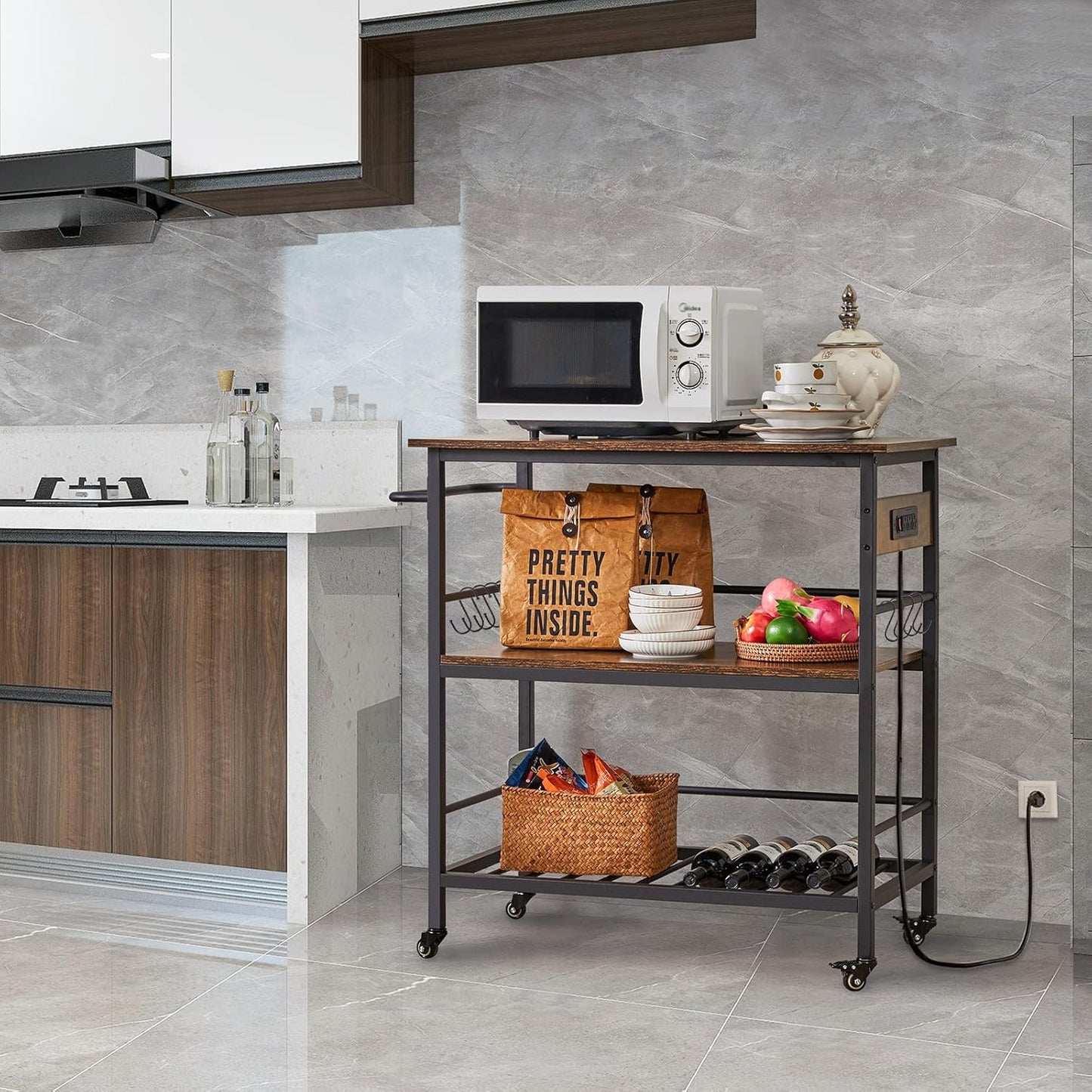 IBUYKE Kitchen Island with 3 Shelves, Island Table for Kitchen with Power Outlet,Kitchen Cart with Large Worktop,Rolling Bar Cart for Home, Outdoor, Kitchen TMJ024H