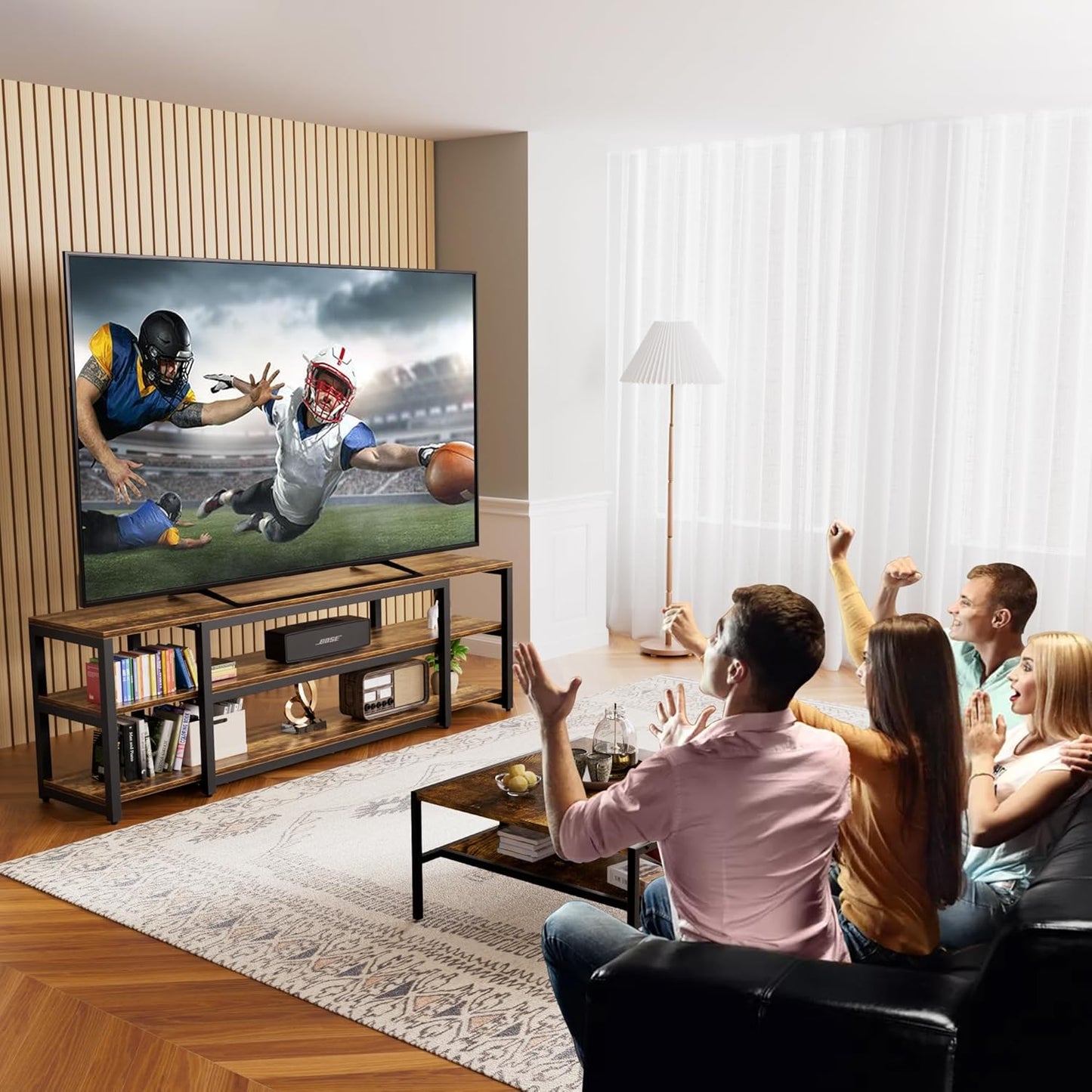 Aquzee 85 inch TV Stand, Entertainment Center for 70 75 80 85" TV, 75.2" Wide Wood Television Console Table for Living Room Bedroom Gaming Room, Rustic Brown