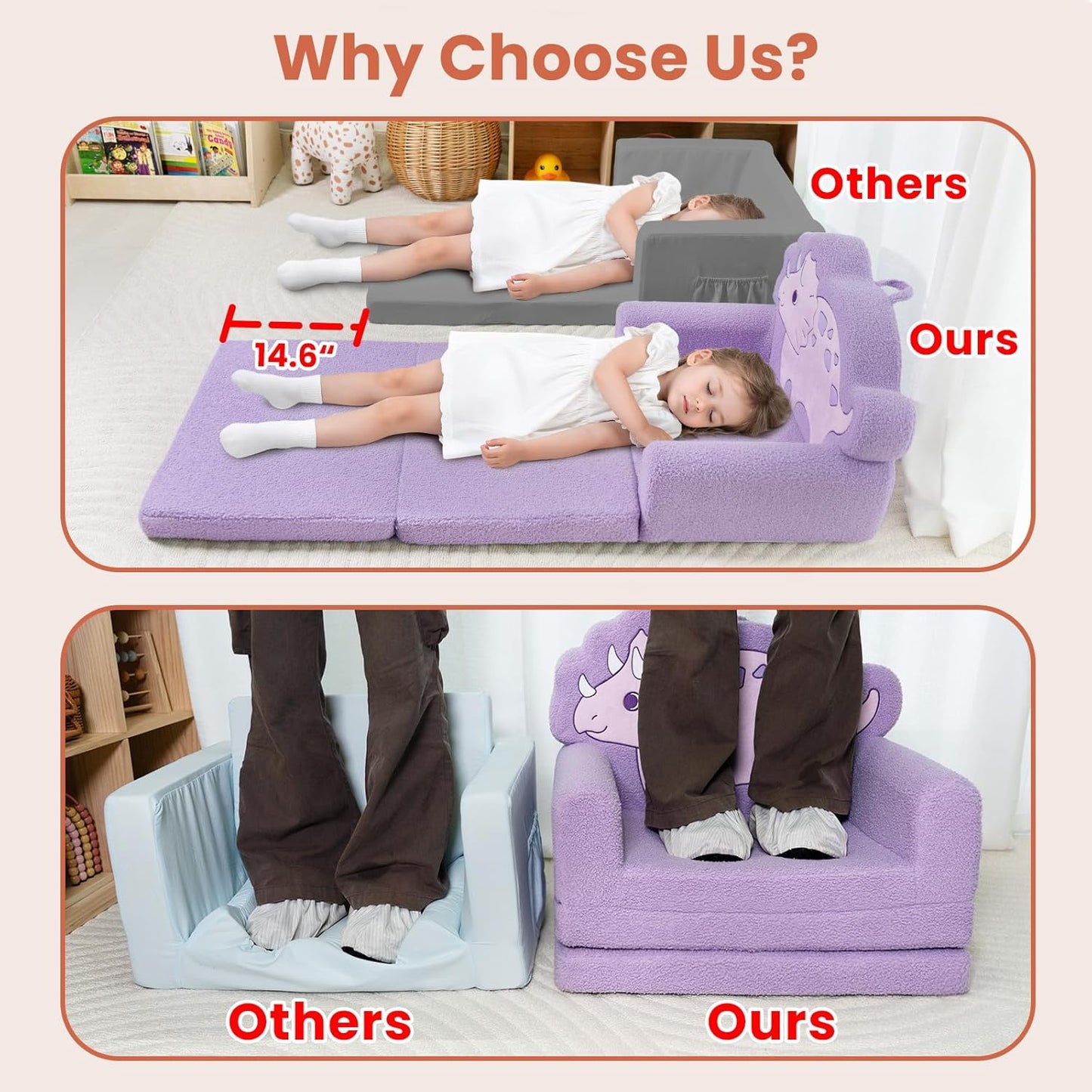 TinyPalsa Kids Couch, Convertible Sofa to Lounger Fold Out, Purple Dinosaur Design Chair for Toddlers 1-3, Gift for Movie Night, Camping, and Napping