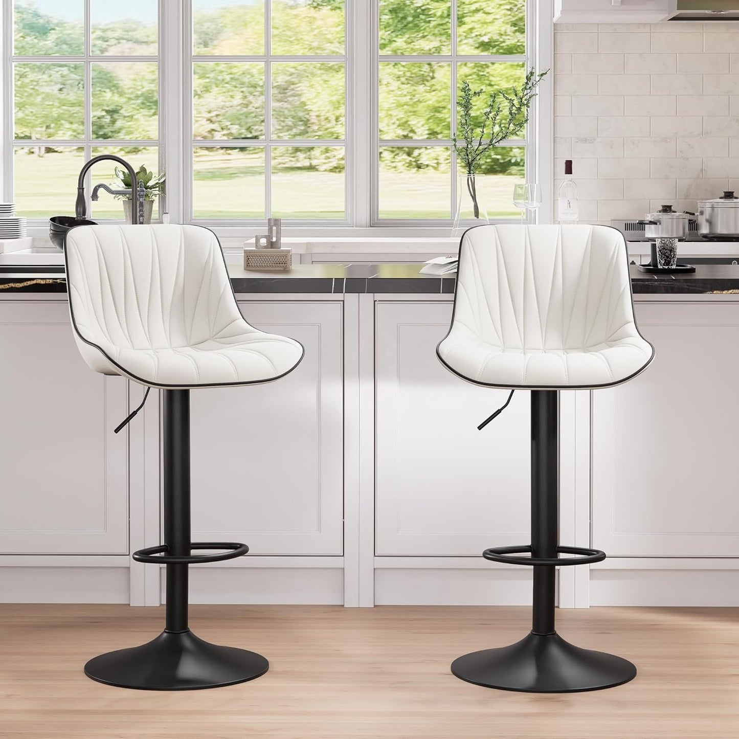 YOUNIKE Bar Stools Set of 2 for Kitchen Island, White Faux Leather Padded Bar Stools, Adjustable Barstools with Back, Modern Tall Bar Stools with 300LBS Support, Counter Height Swivel Bar Chairs