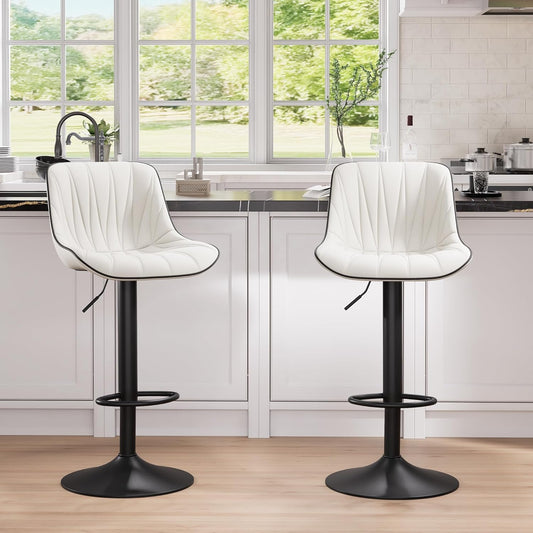 YOUNIKE Bar Stools Set of 2 for Kitchen Island, White Faux Leather Padded Bar Stools, Adjustable Barstools with Back, Modern Tall Bar Stools with 300LBS Support, Counter Height Swivel Bar Chairs