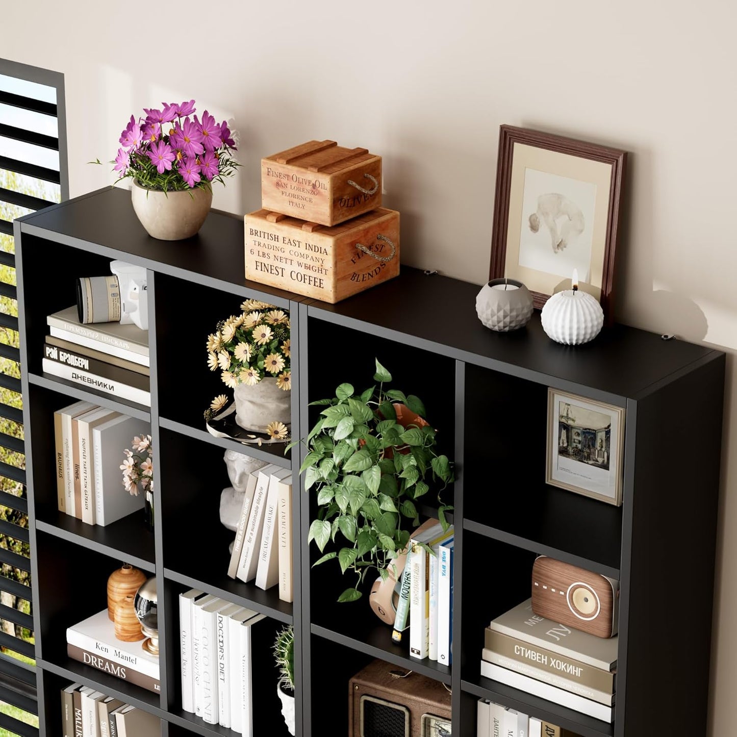 FOTOSOK 71'' Tall Bookshelf, Double Wide Media Tower Rack CD DVD Rack Display Cabinet with Adjustable Shelves, Tall Narrow Bookcase Black Bookshelf for Home Office, Black