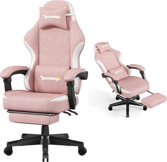Gaming Chair,Fabric Computer Chair with Pocket Spring Cushion,400 lb Load Capacity,Ergonomic Office Chair with Footrest,Height Adjustable Video Gamer Chair with Lumbar Support (Pink)