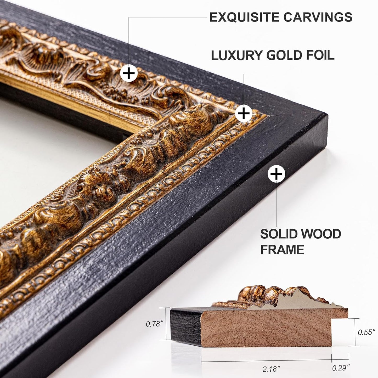 51.5”x28” Black Large Vintage Mirror, Ornate Baroque Decorative Mirror, Gold Foil Carvings Wooden Frame, Handmade Aging, for Dining Room, Fireplace, Bathroom and Bedroom