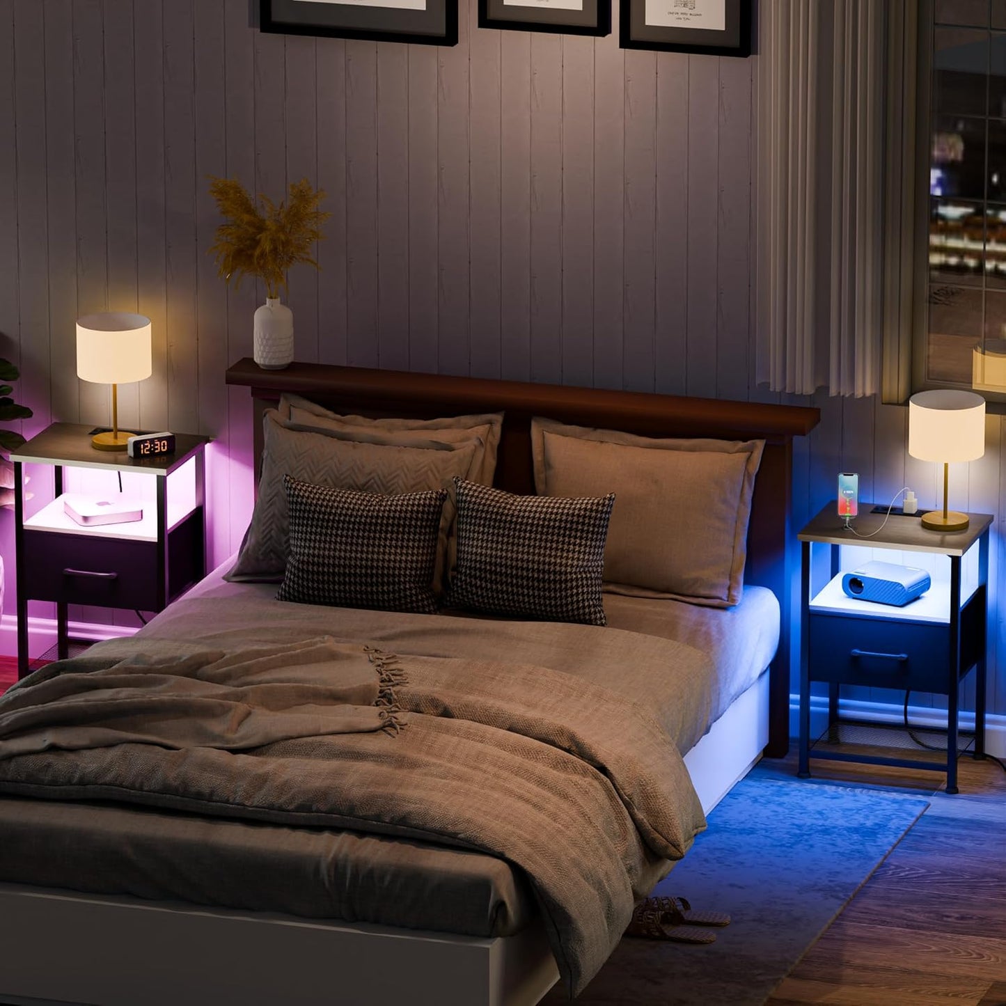 Nightstands Set of 2 with Charging Station and Drawer, End Table Bedside Table with 20 Colors LED Light Strip and 2 Layers Shelf for Bedroom Living Room Sofa (Grey)