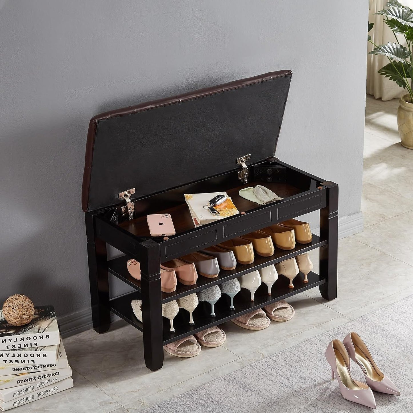 Shoe Storage Bench, Entryway Shoe Rack with Fiberleather Seat 2-Tier Lift Top Organizer Wooden Shoe Bench for Entryway Hallway Living Room (Black 31.5x13.8x18.9'')