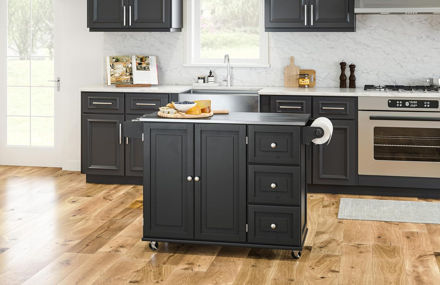Homestyles Dolly Madison Black Mobile Kitchen Island Cart with Stainless Steel Top