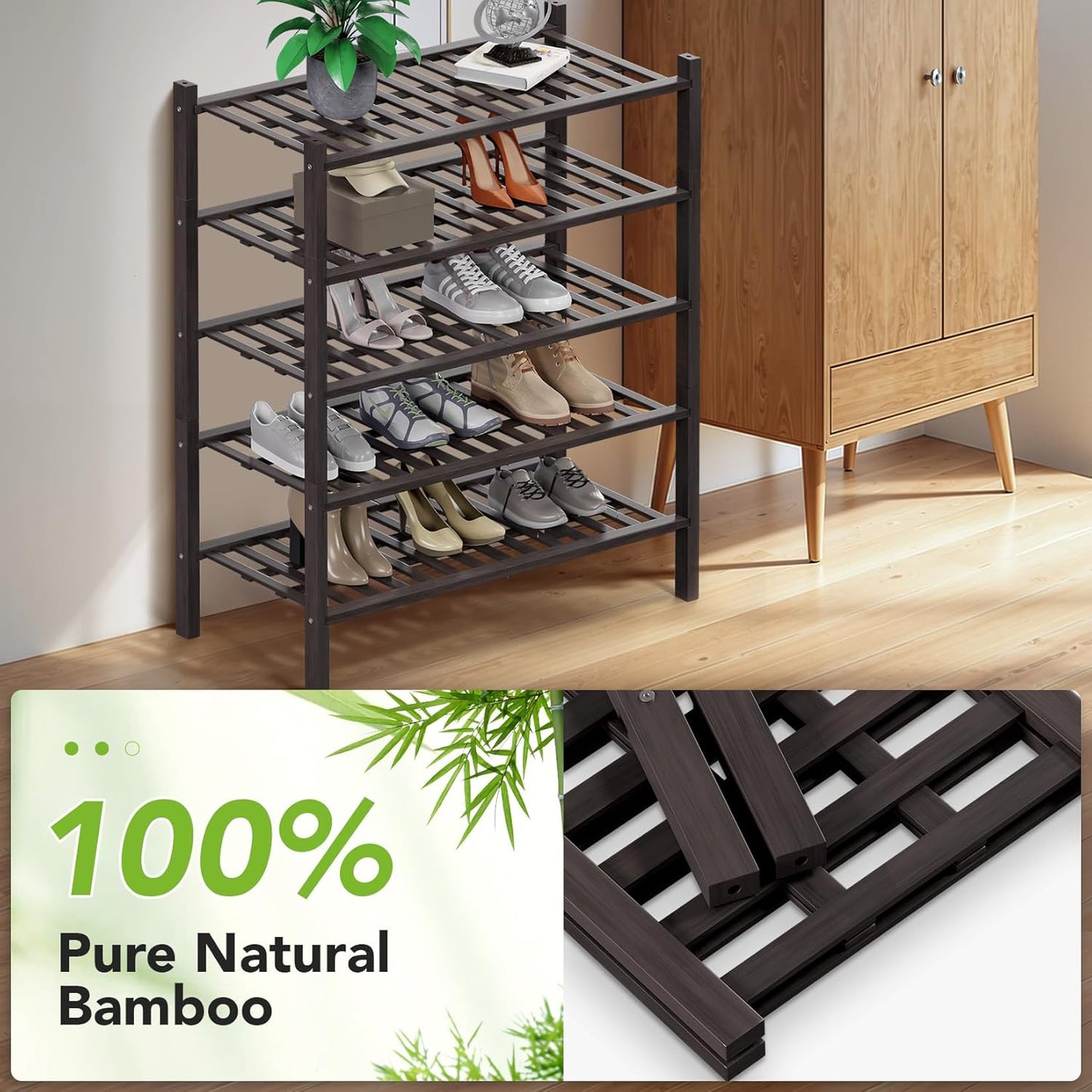 Haddockway 5 Tier Bamboo Shoe Rack Storage Organizer, Multifunctional Free Standing Stackable Shoe Shelf with Grid Panel for Closet,Hallway,Entryway,Small Space 27"x11"x32" (Brown, 5 Tier)