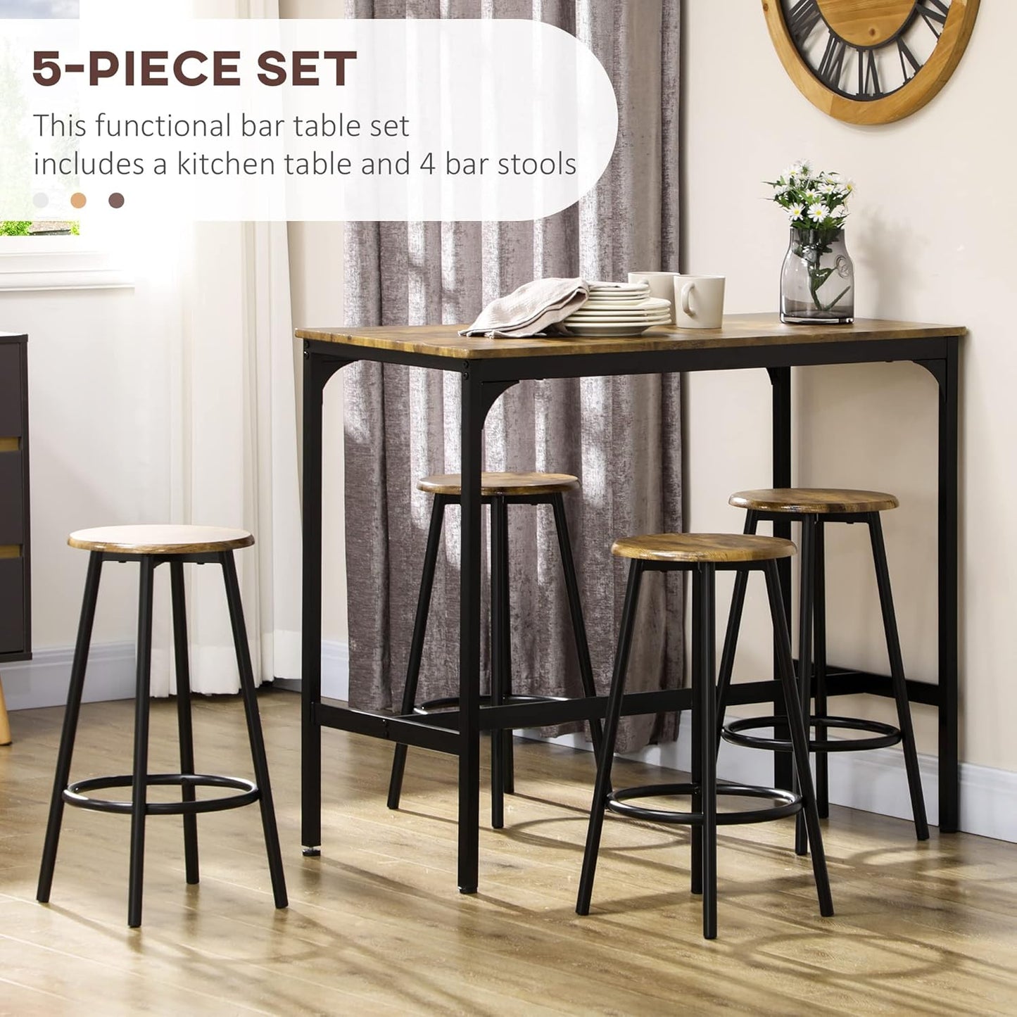 HOMCOM 5-Piece Counter Height Bar Table Set, Rustic 43.25" Dining Table with 4 Bar Stools, Kitchen Table with Wooden Top for Pub, Dining Room, Rustic Brown