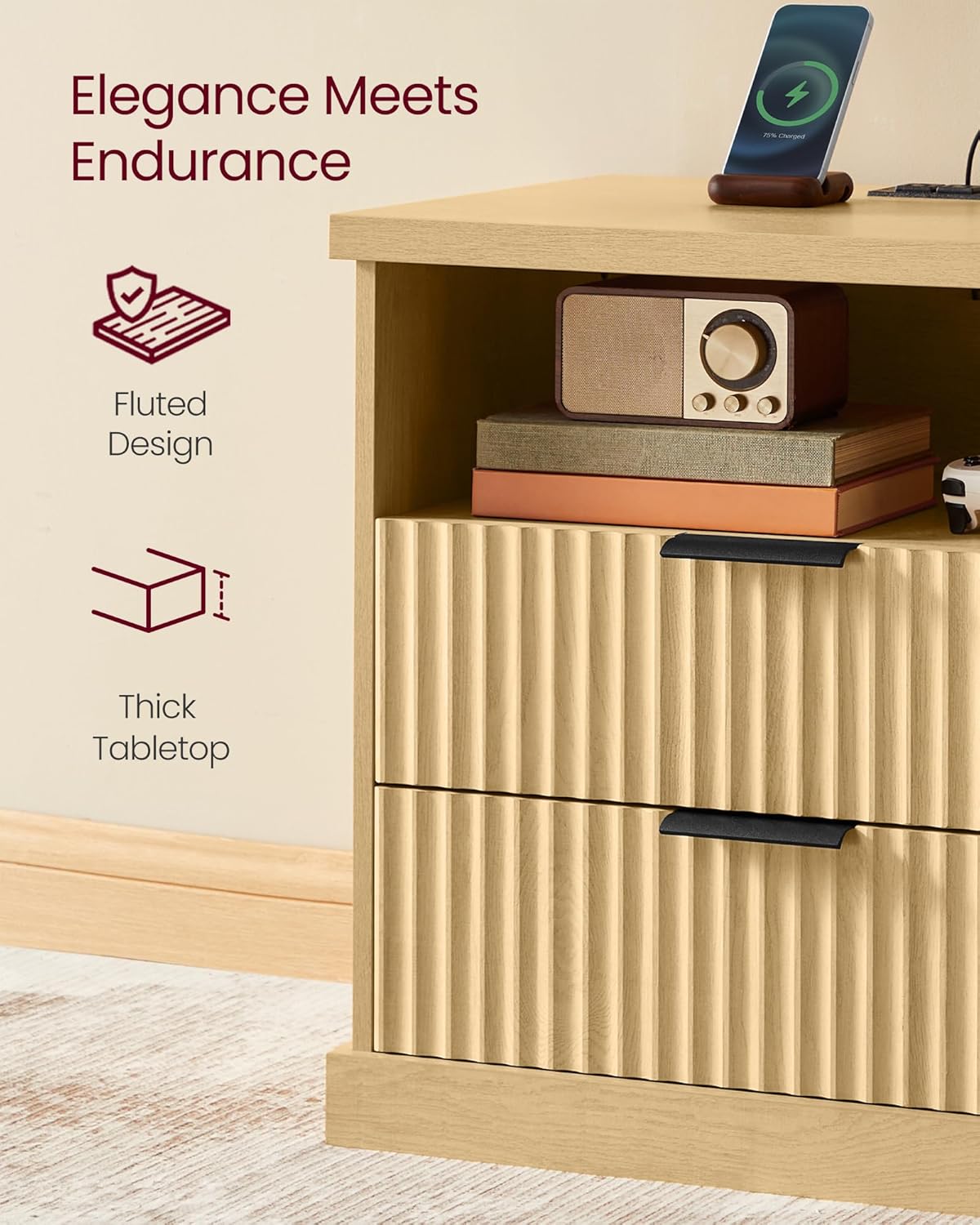 VASAGLE MAXE Collection - Set of 2 Nightstands with Charging Station, Bedside Table, Side End Table with 2 Drawers, Open Shelf, 2 AC Outlets, 2 USB Ports, Transitional, Bedroom, Oak Beige ULET926Y01