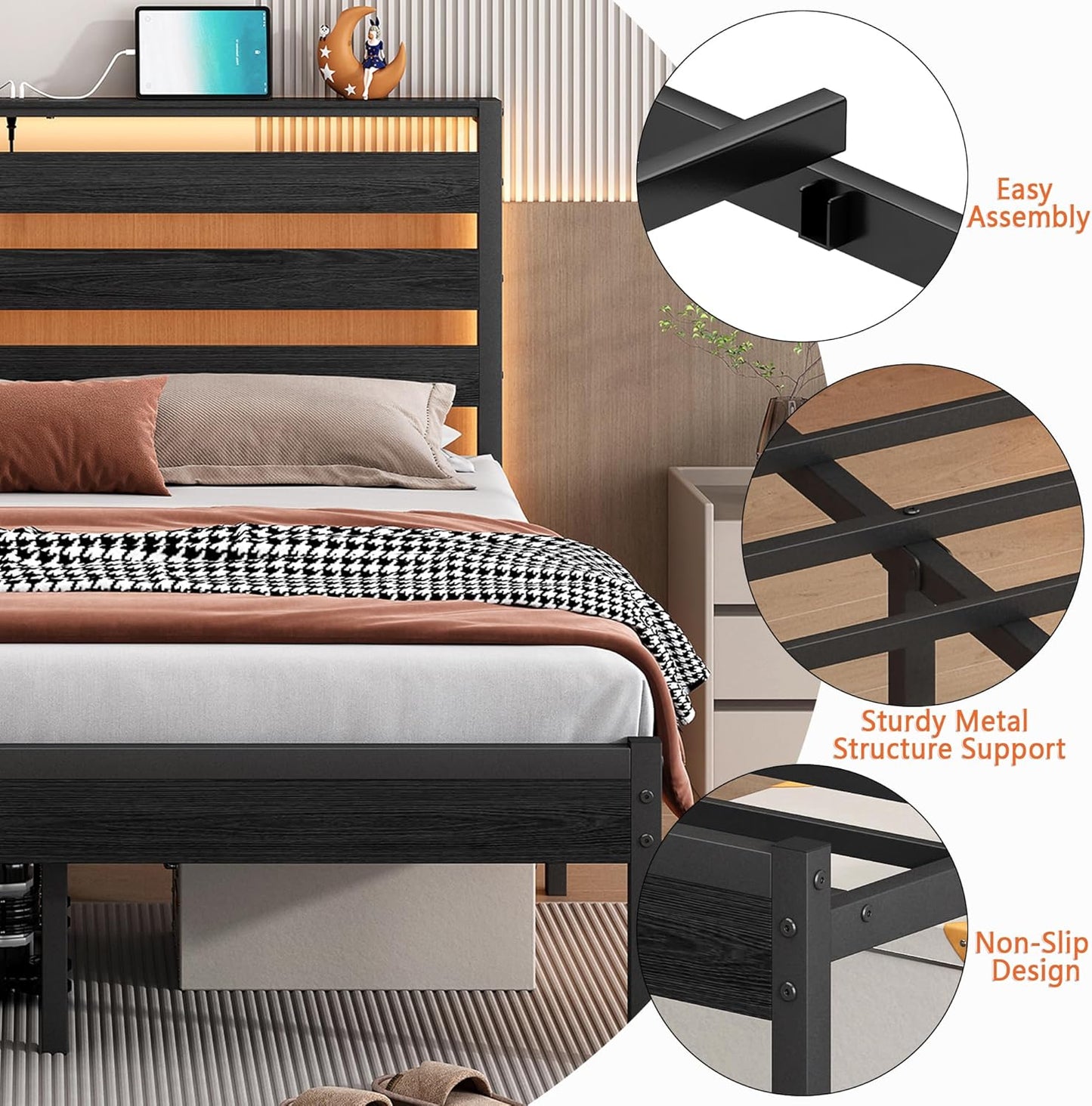 14 Inch Classic Metal Platform Bed Frame-Queen Bed Frame with Headboard,Steel Slats Support-LED Bed Frame with USB Charging Station,Under Bed Storage,No Box Spring Needed,Noise Free