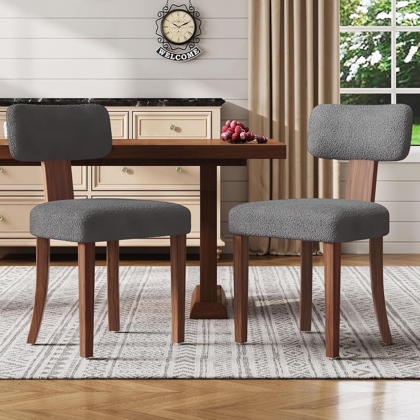 Farmhouse Chair Set of 2, Mid Century Modern Dining Chairs, Sherpa Upholstered Kitchen Chairs with Curved Backrest & Adjustable Legs for Living Room/Bedroom, Easy to Install, Grey Sherpa