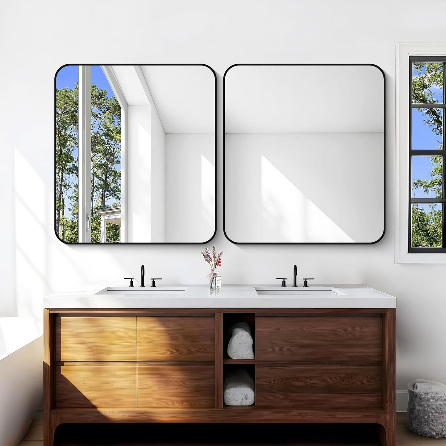 Bathroom Mirror, 40 x 36 inch Black Rectangle Wall Mirror, Metal Frame Rectangular Vanity Mirror, Rounded Corner Wall Mounted Mirror for Modern Bedroom Living Room Hangs Horizontal/Vertical