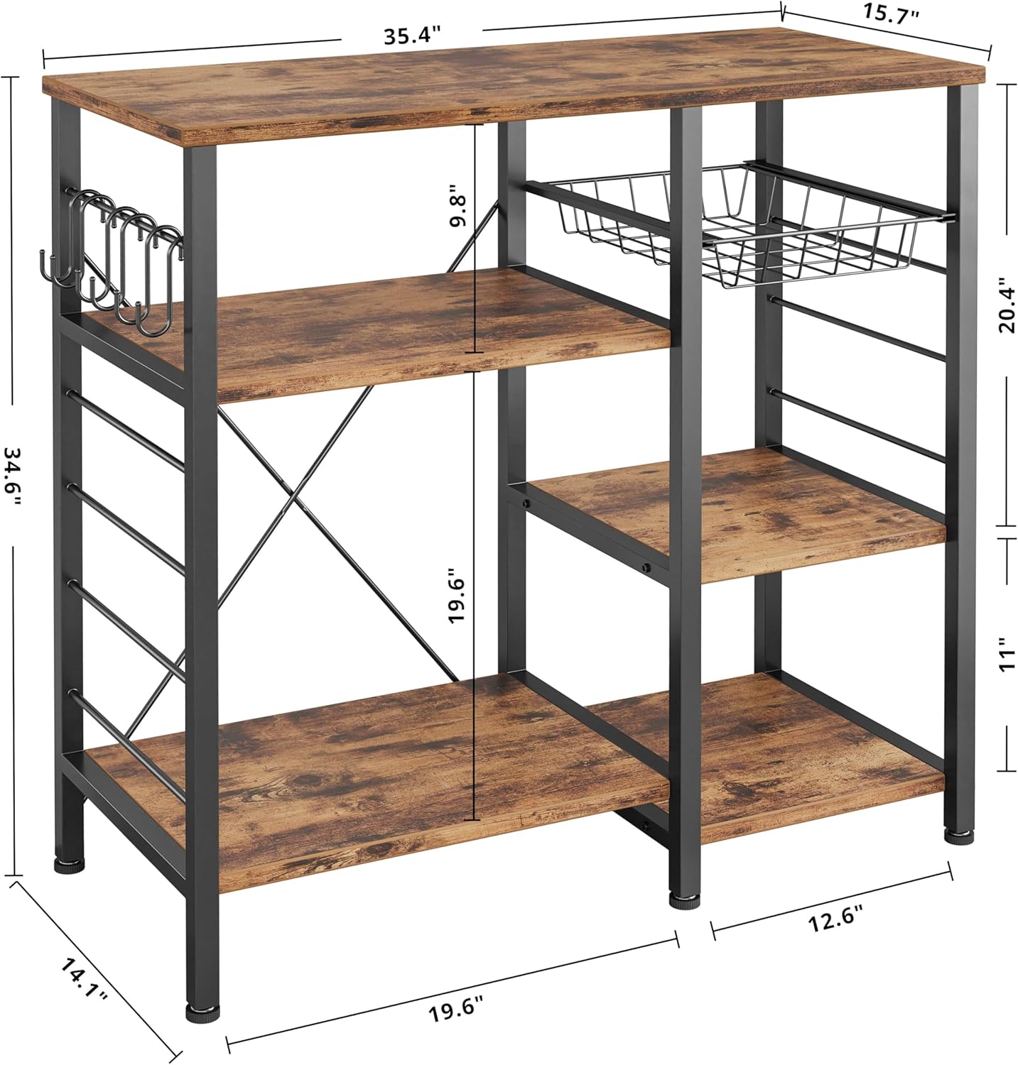 IRONCK Industrial Kitchen Baker’s Rack, Kitchen Island Utility Storage Shelf, Coffee Bar Microwave Stand with 6 Hooks, Metal Frame, Simple Assembly, Vintage Brown