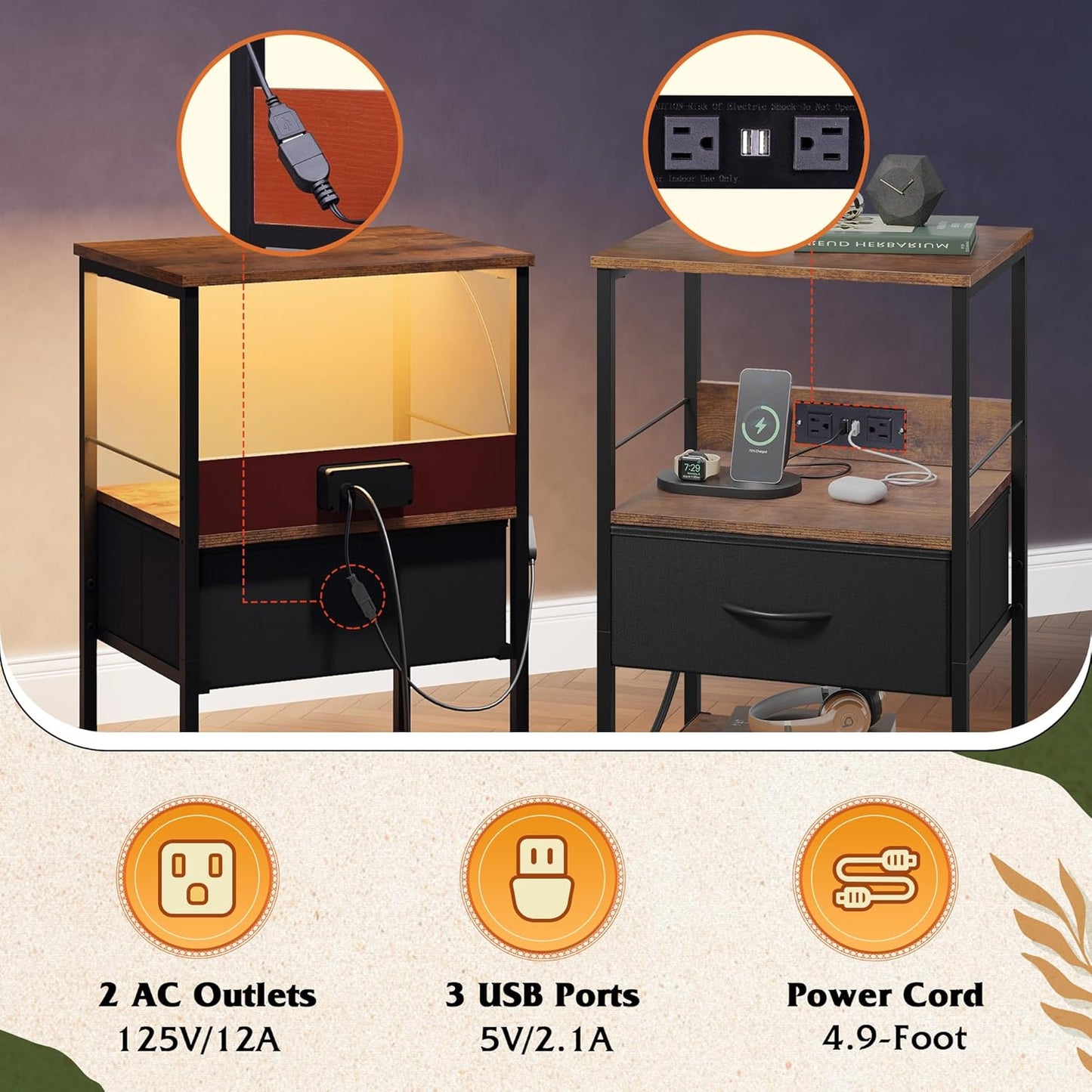 WLIVE LED Night Stand, Nightstand with Charging Station, Small Bed Side Table with Fabric Drawer and Open Shelves, Tall End Table with USB Ports & Outlets, Black and Rustic Brown