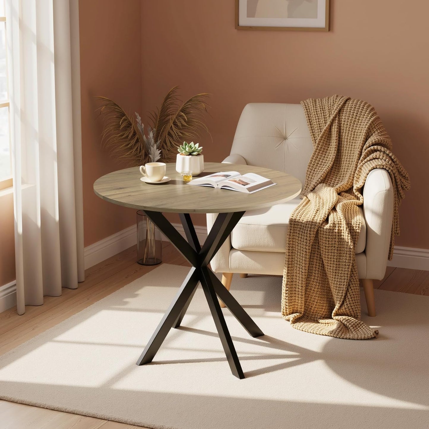 31.5" Round Dining Table for 4, Modern Small Dinner Table Farmhouse Round Kitchen Tables with Metal Legs for Dining Room, Kitchen, Living Room, Rustic Brown & Black