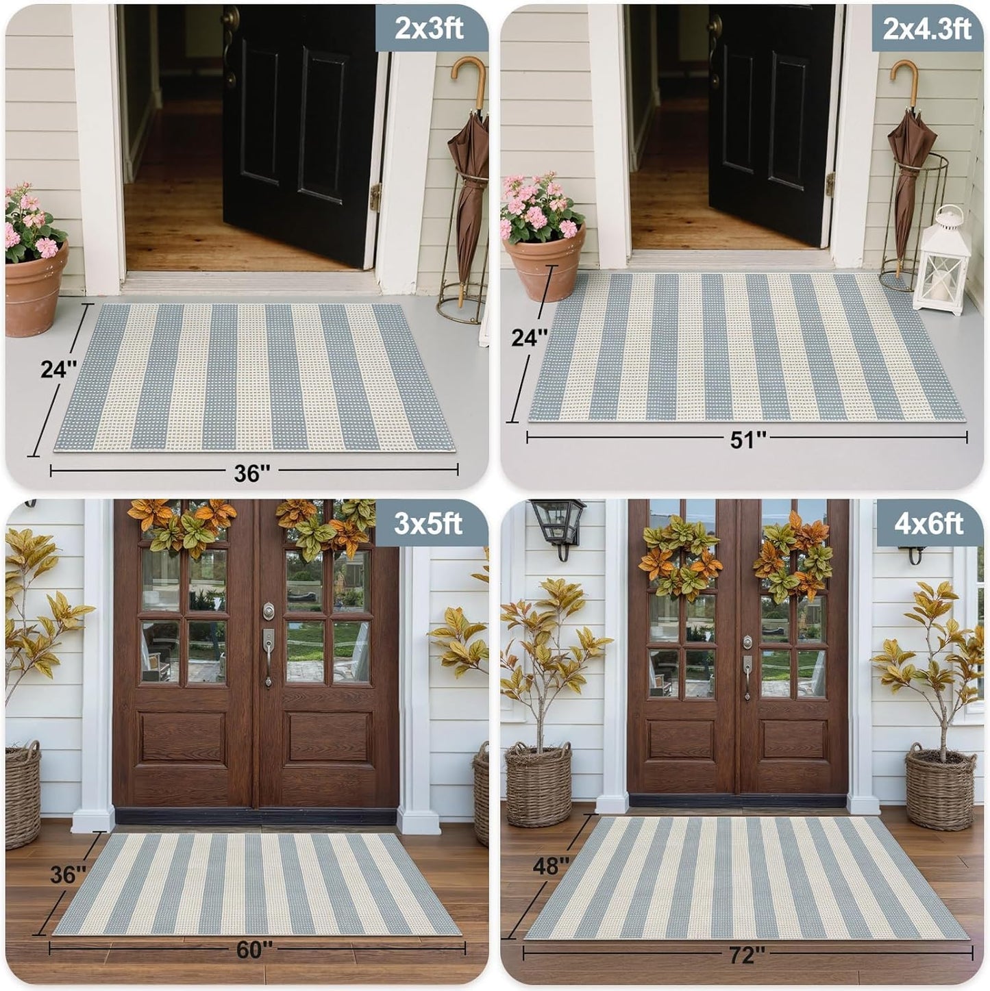 OJIA Outdoor Porch Rug Front Door Mat 24'x51, Washable Checkered Entry Striped Front Door Rug Cotton Woven Kitchen Carpet Small Area Rug for Entryway Patio Bedroom Bathroom (Blue/White/Tan)