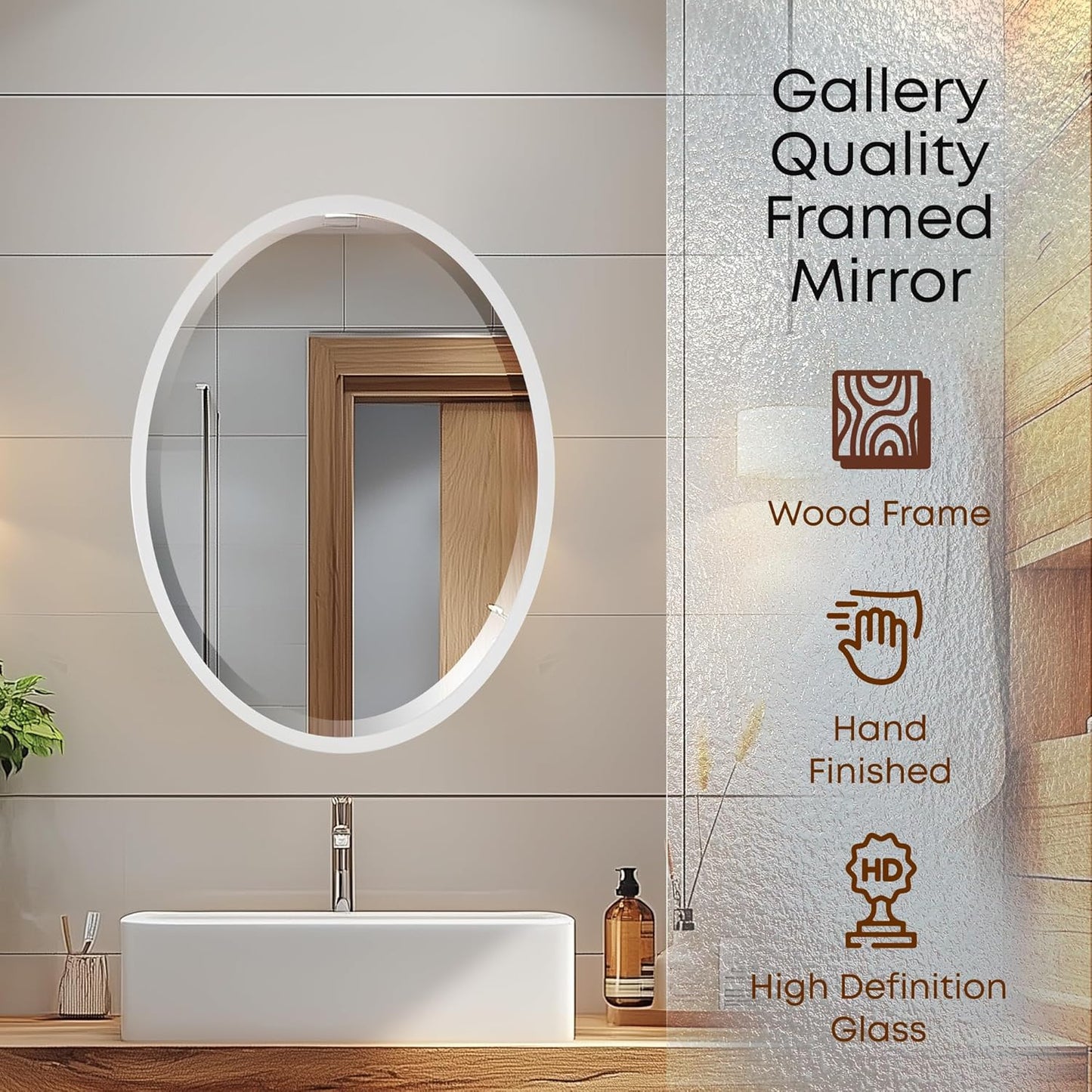 OVALCREST - Oval Wooden Beveled Wall Mirror for Home Decor, Bathroom, Vanity, Bedroom, Living Room, Hallway - London Style (Linen White) 17.1 x 21.1