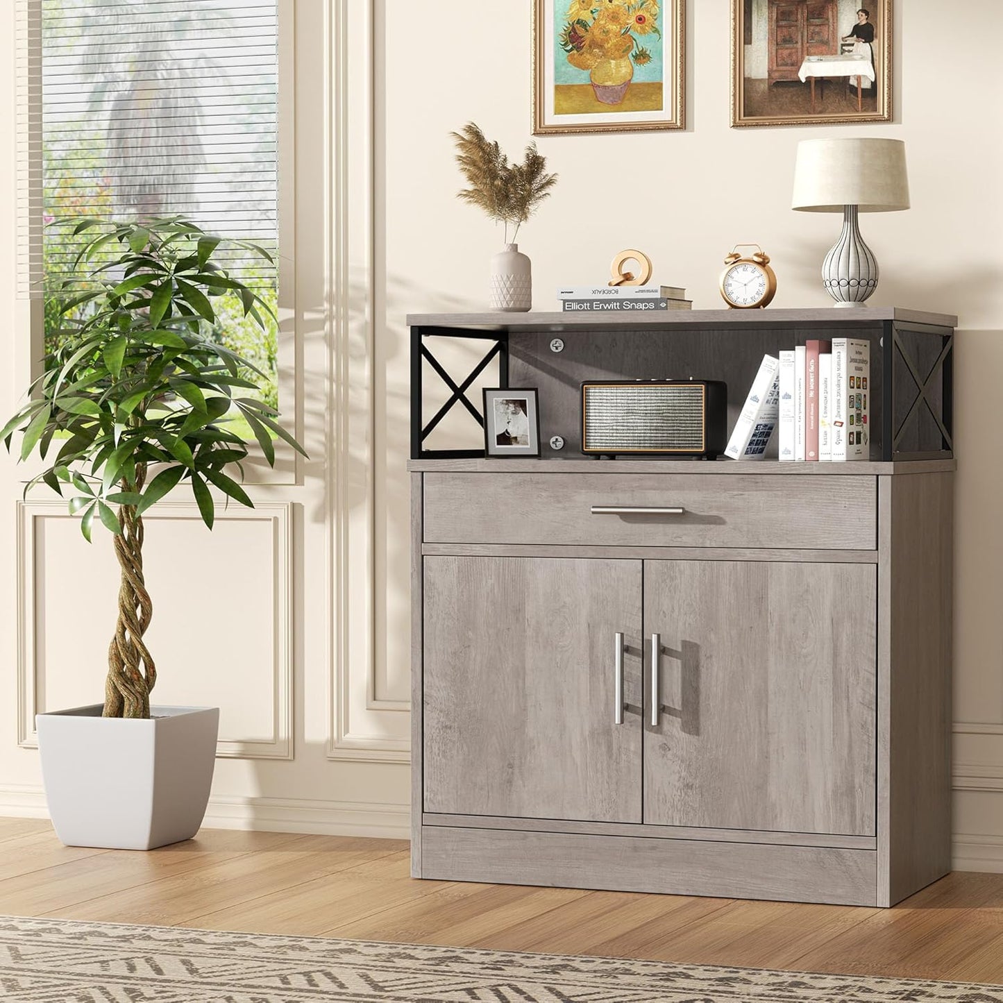 Shintenchi Kitchen Buffet Cabinet with Adjustable Shelf, Modern Kitchen Storage Cabinet,Farmhouse Coffee Bar Cabinet（Ash Grey）