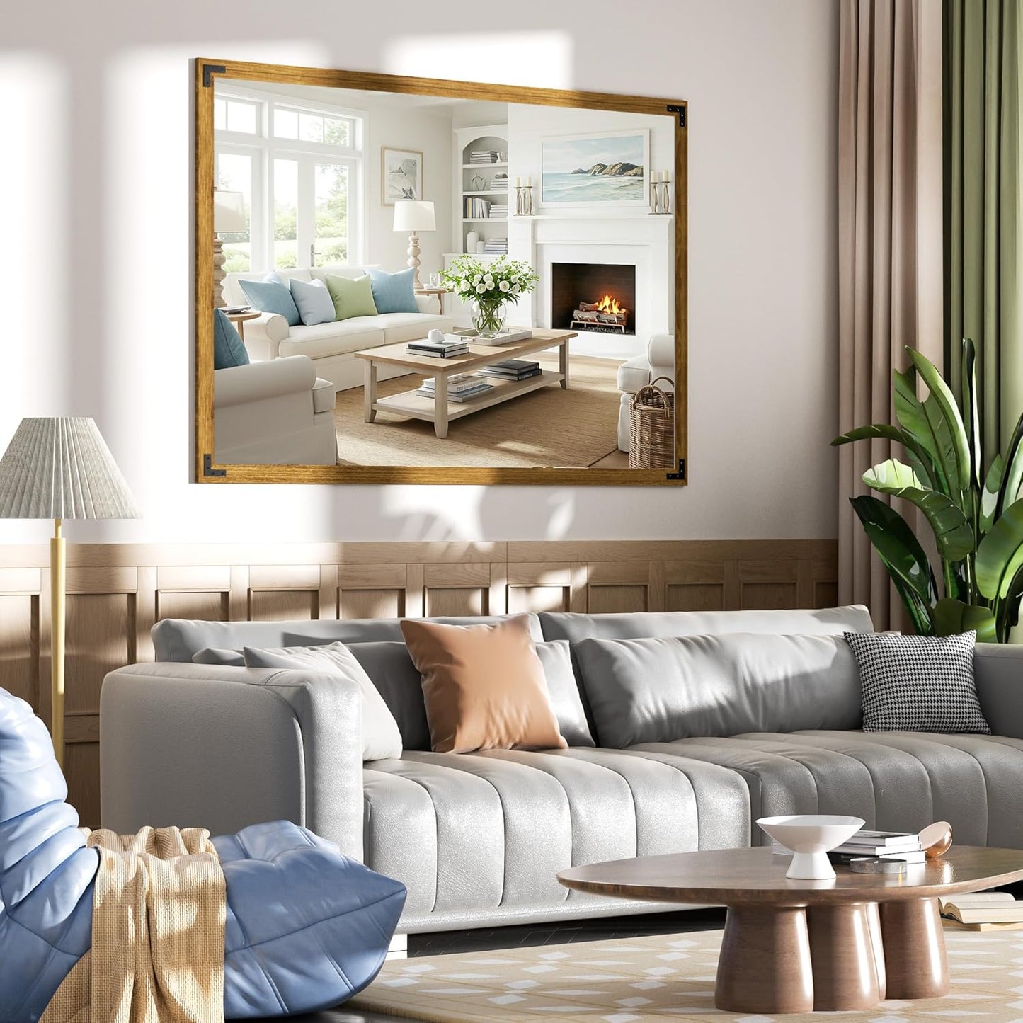 Hasipu Farmhouse Bathroom Mirror, 48"x32" Rustic Wood Framed Wall Mounted Mirror, Walnut Vintage Vanity Mirror Modern Farmhouse Style Decrative Mirrors