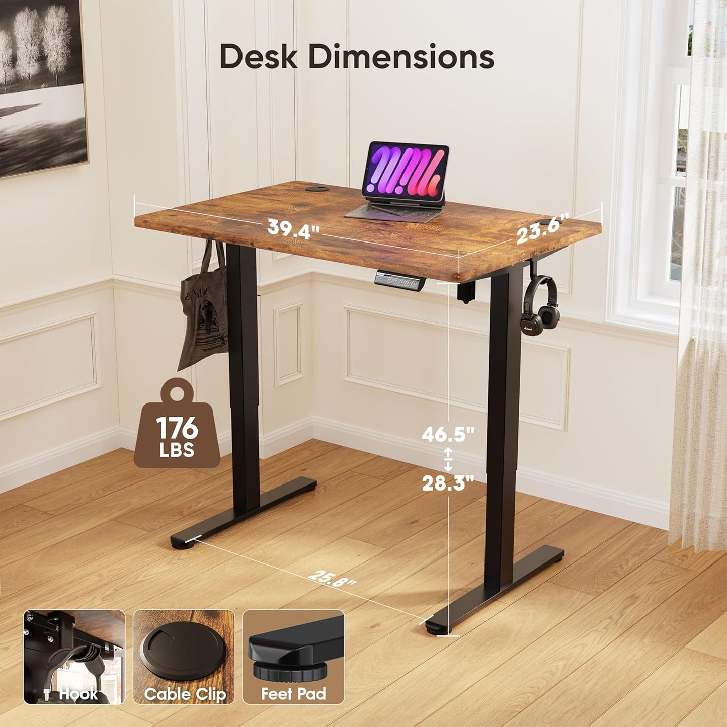 Monomi Standing Desk, 39.4'' Small Sit Stand up Rising Desks Height Adjustable Electric Standing Desk with 3 Memory Setting, Ergonomic Home Office Computer Desk Workstation, Rustic Brown