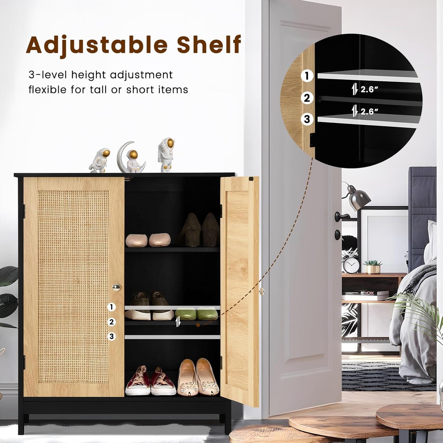 Iwell Storage Cabinet with Rattan Doors, Bathroom Storage Cabinet with Adjustable Shelf, Floor Cabinet for Living Room, Entryway, Kitchen, Home Office, Black