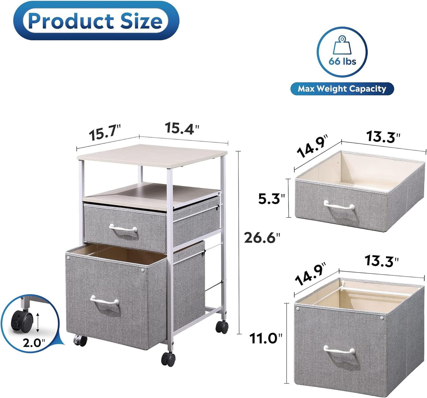 DEVAISE 2 Drawer Mobile File Cabinet, Rolling Printer Stand with Open Storage Shelf, Fabric Vertical Filing Cabinet fits A4 or Letter Size for Home Office, Light Grey