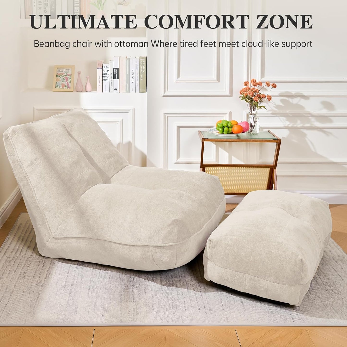 Bean Bag Chair with Ottoman, Comfy Bean Bag Sofa with Memory Foam, Lazy BeanBag Sofa with Footstool, Fireside Bean Bag Couch for Living Room, Bedroom, Apartment (Off White)