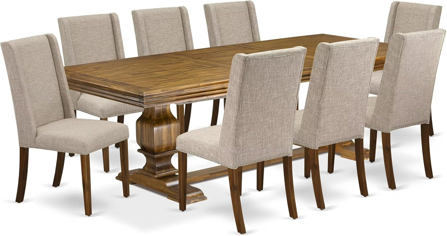 NKFL9-AWA-04-9-Piece Kitchen Table Set Includes a Kitchen Table and 8 Light Tan Linen Fabric Dining Chairs with Padded Chair Back - Antique Walnut Finish.