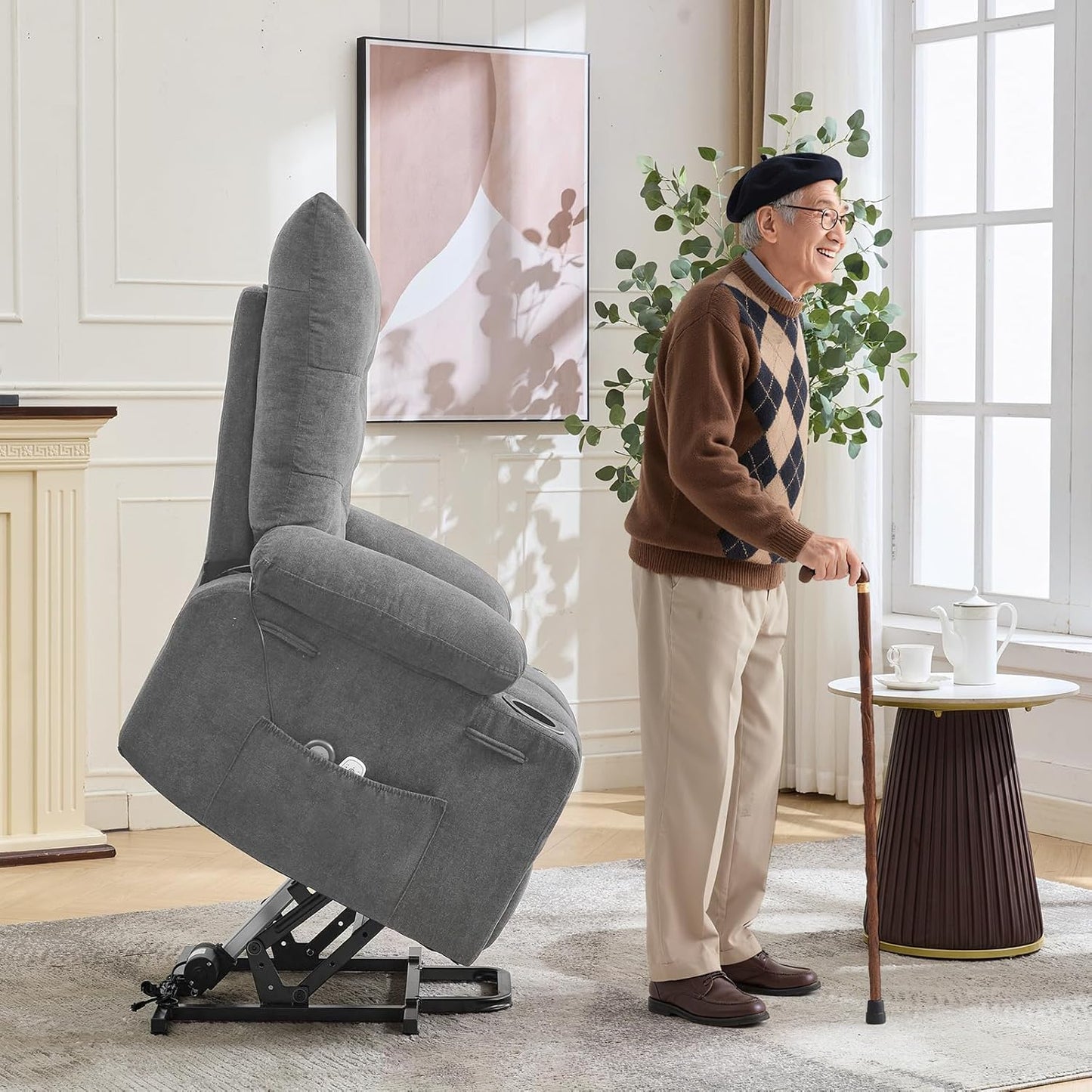 GarveeHome Power Lift Recliner Chair for Elderly with Massage and Heat, Oversized Electric Massage & Heat Recliner with Soft Padded Upholstery, Side Pocket & Cup Holders for Living Room, Gray