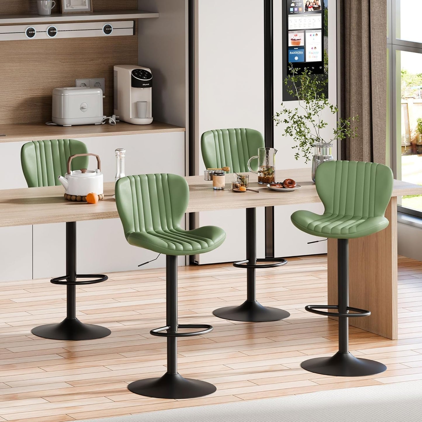 Shintenchi Bar Stools Set of 4 Modern Swivel Bar Chairs, Counter Height Faux Leather Metal Barstools, Upholstered Island Chairs with Back and Footrest, Green