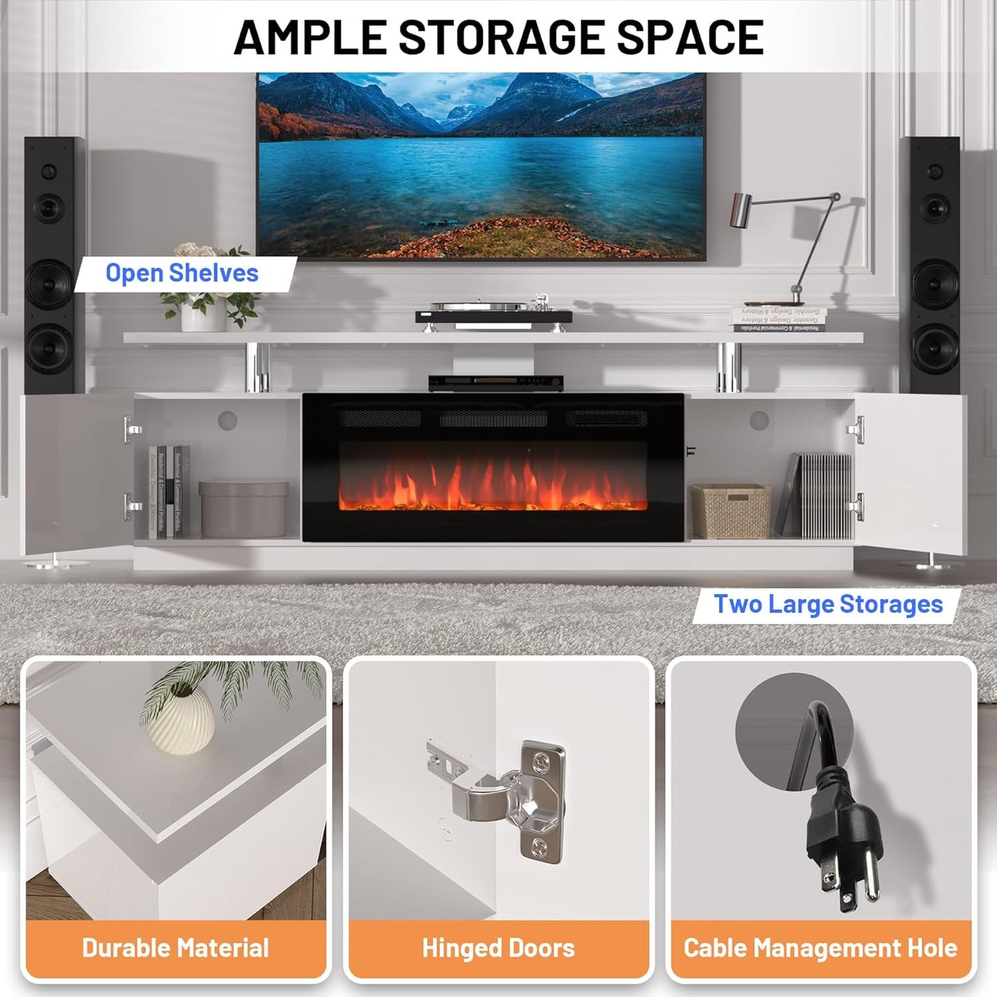 70'' Fireplace TV Stand, Entertainment Center with 36'' Firplace, 2 Tier TV Console Cabinet with Storage Cabinet, Electric Fireplace Heater with LED Light and 12 Flame Colors, White