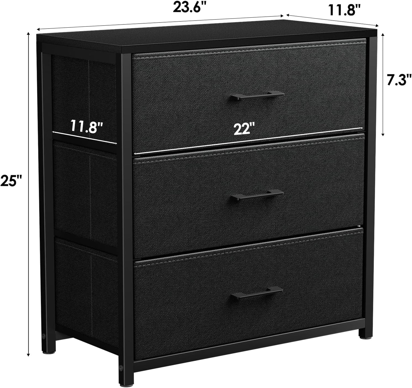 Nightstand with 3 Drawers for Bedroom, Storage Dresser with Fabric Drawers and Metal Frame for Closet, Living Room, Bedside Table with Wood Top, Easy Pull Handle, Black